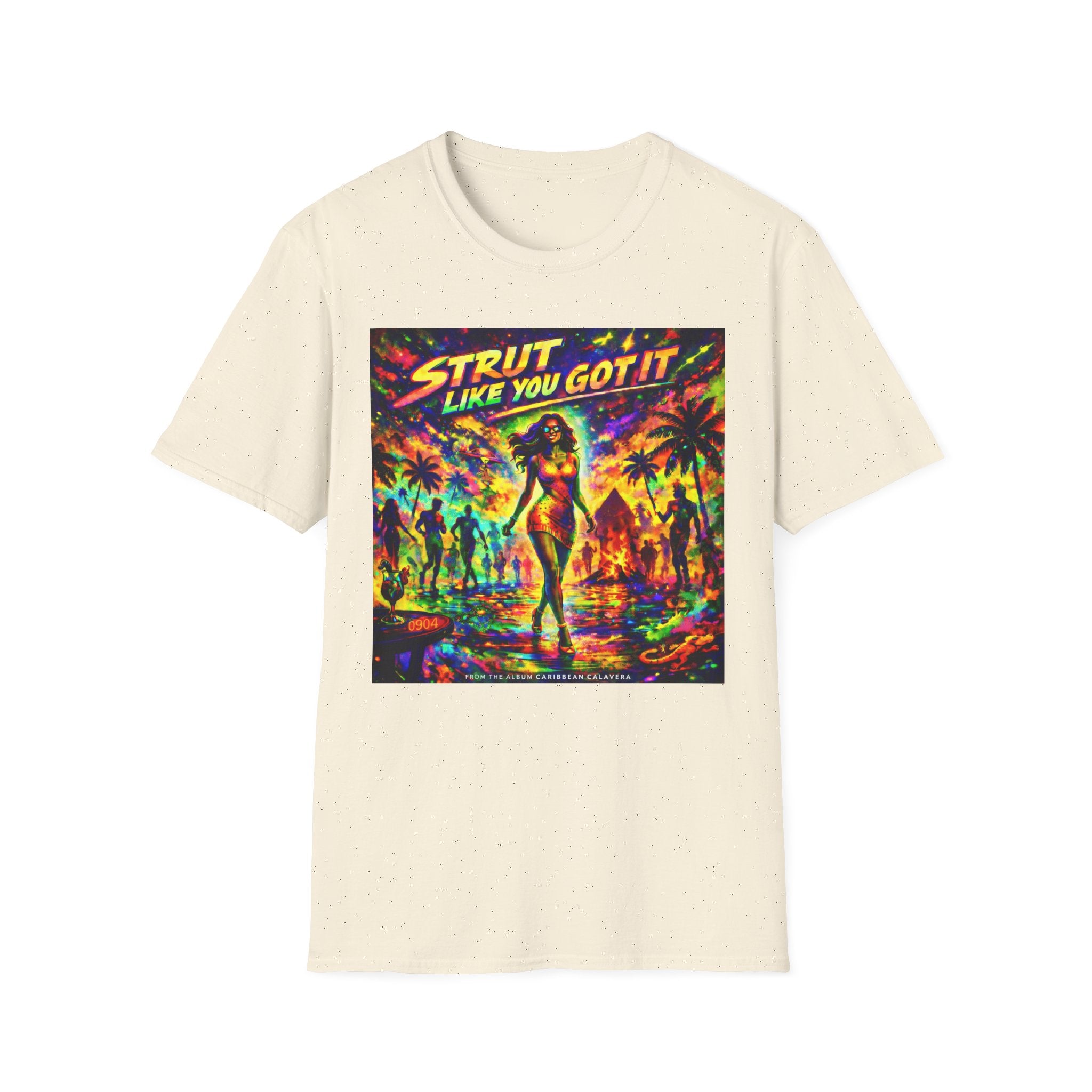 Strut Like You Got It Graphic T-Shirt  Song Cover Art From The Caribbean Calavera Album — Retro Neon Beach Vibe