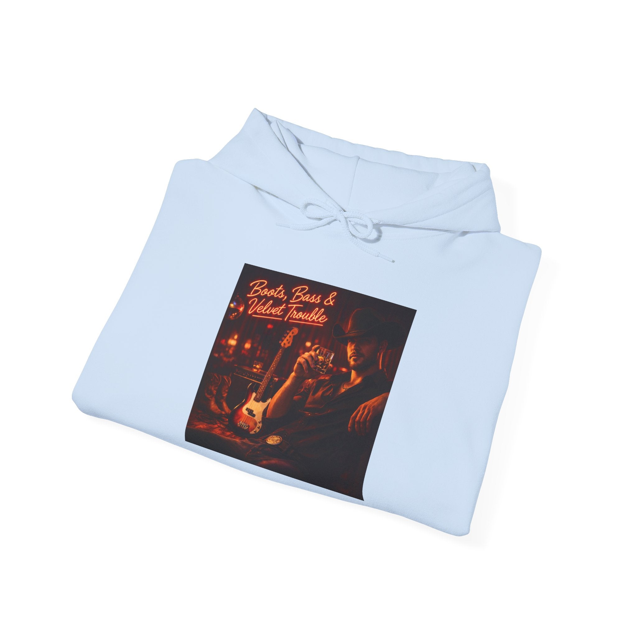 Boots Bass & Velvet Trouble Vintage Whiskey & Guitars Graphic Hoodie Cozy Bar Night Hoodie –