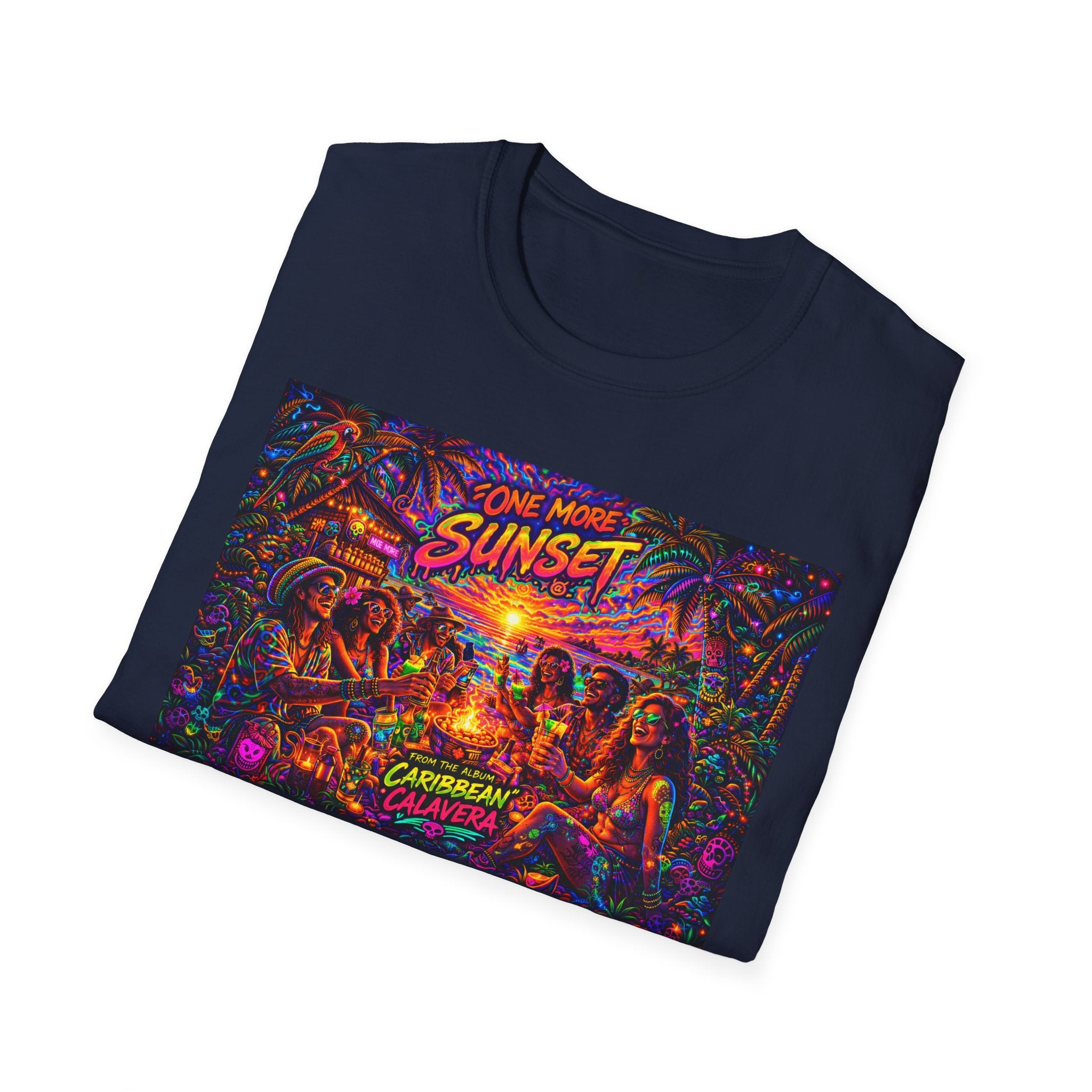 One More Sunset Bonfire Graphic T-Shirt  Song Cover Art From The Caribbean Calavera Album   — "Sunset" Neon Beach Party Tee