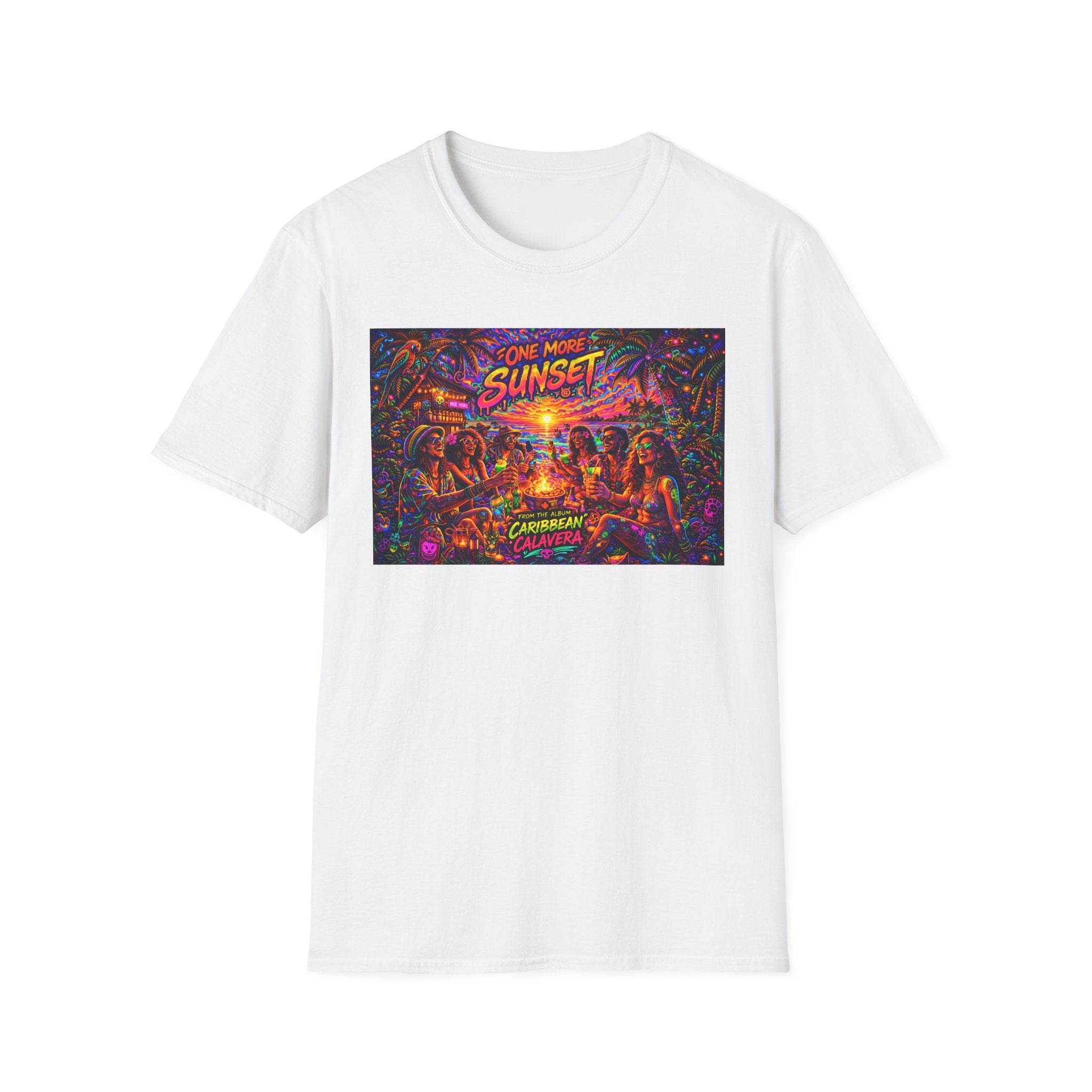 One More Sunset Bonfire Graphic T-Shirt  Song Cover Art From The Caribbean Calavera Album   — "Sunset" Neon Beach Party Tee