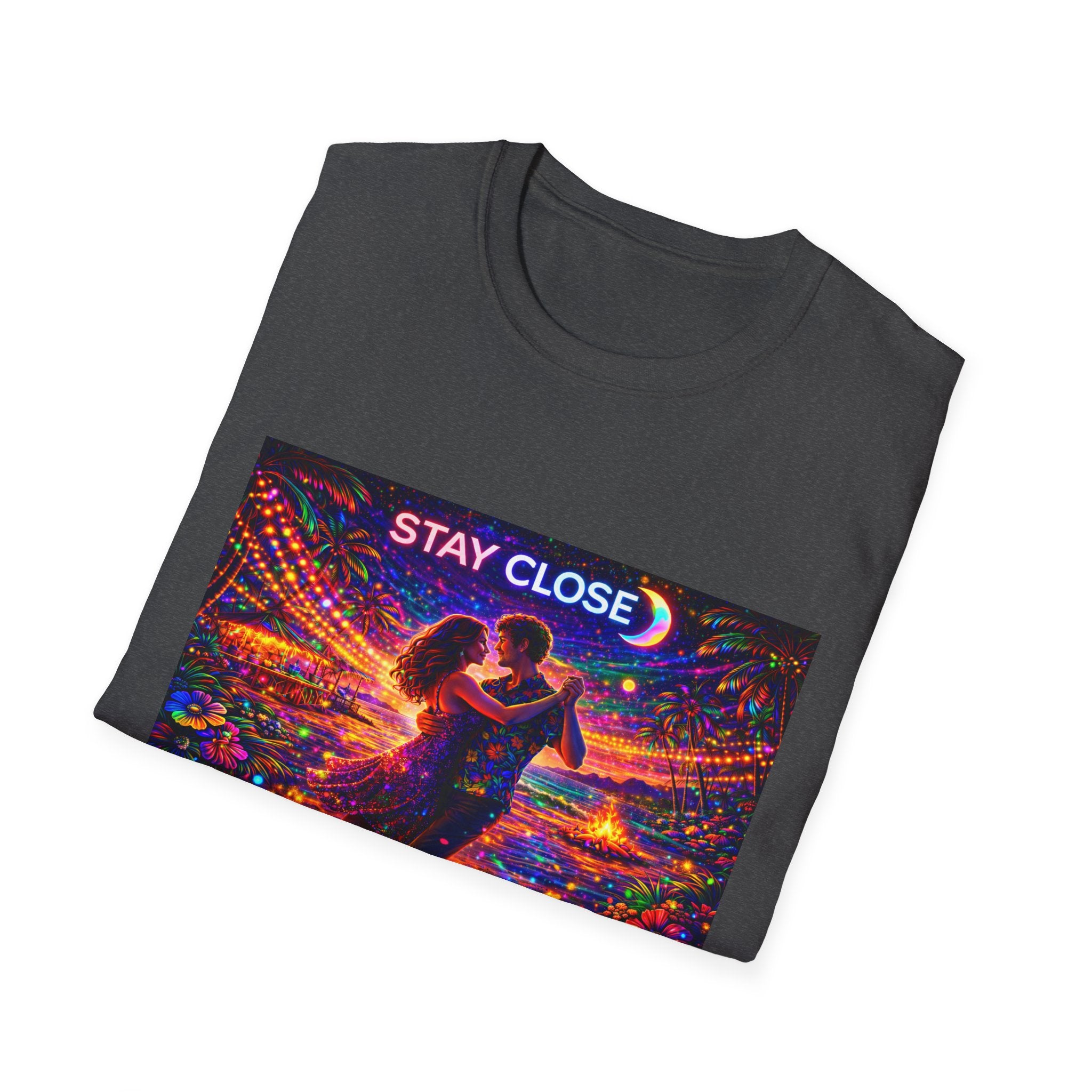 Stay Close Romantic Graphic T‑Shirt  Song Cover Art From The Caribbean Calavera Album  — Neon Couple Illustration
