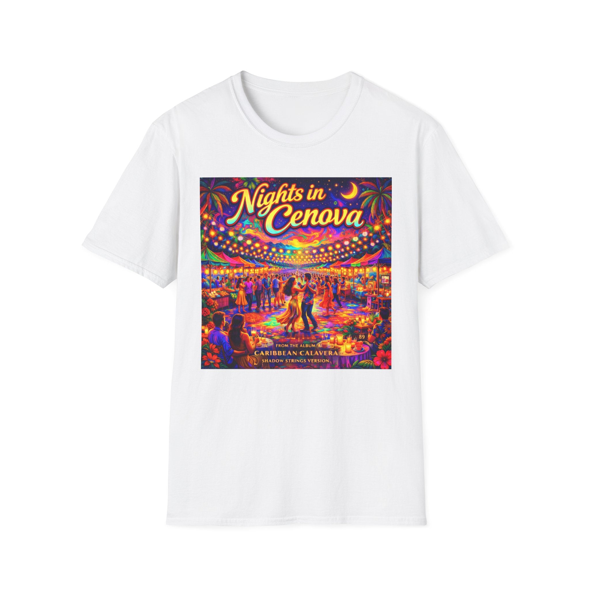 Nights in Cenova Graphic T-Shirt Song Cover Art From The Caribbean Calavera Album — Colorful Festival Street Scene