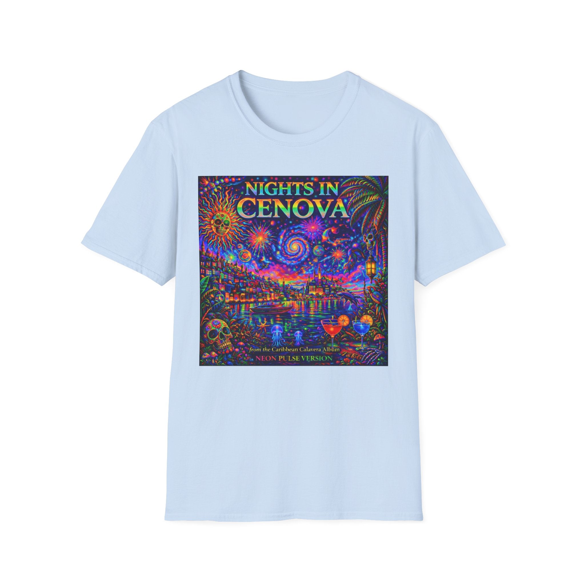 Nights in Cenovia T-Shirt  Song Cover Art From The Caribbean Calavera Album   — Colorful Fireworks Cityscape Tee