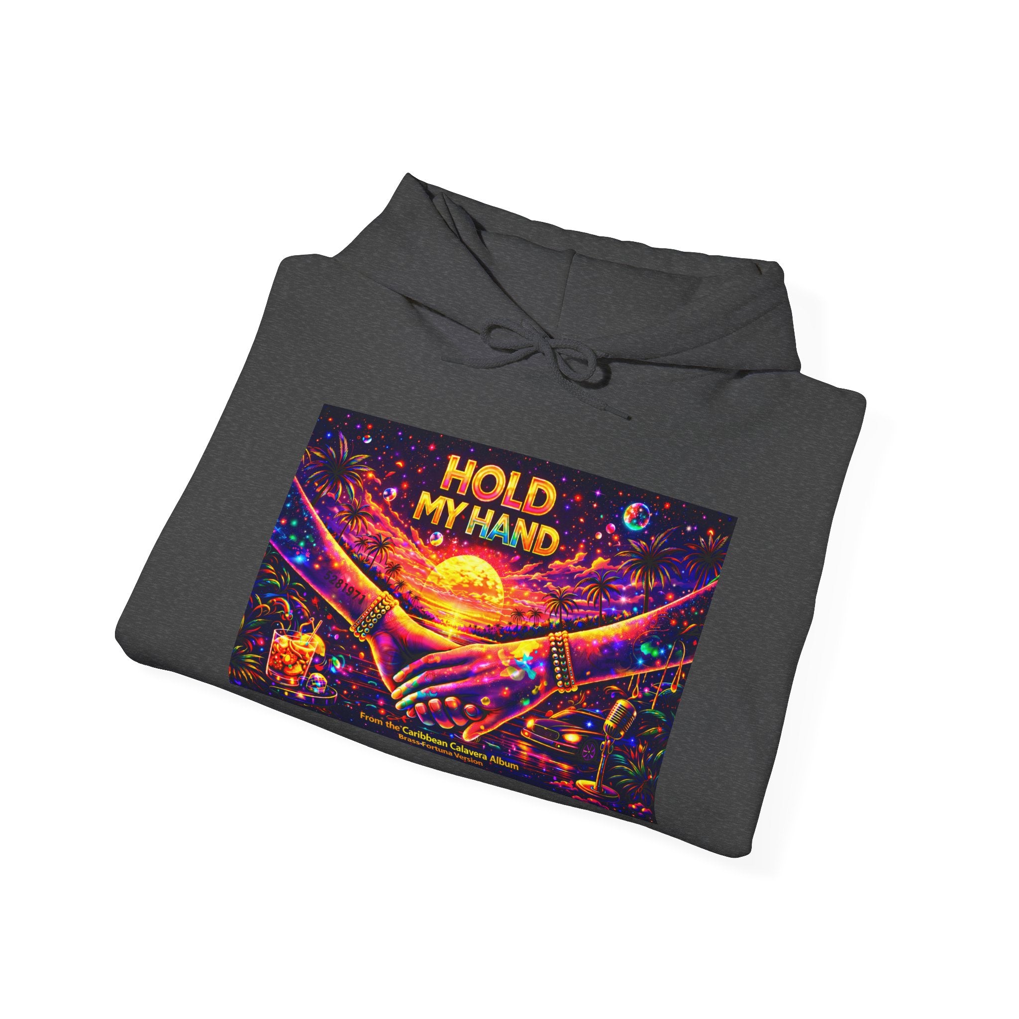 Hold My Hand Cosmic Hoodie Song Cover Art From The Caribbean Calavera Album  — Vibrant Sunset Hands Graphic Sweatshirt