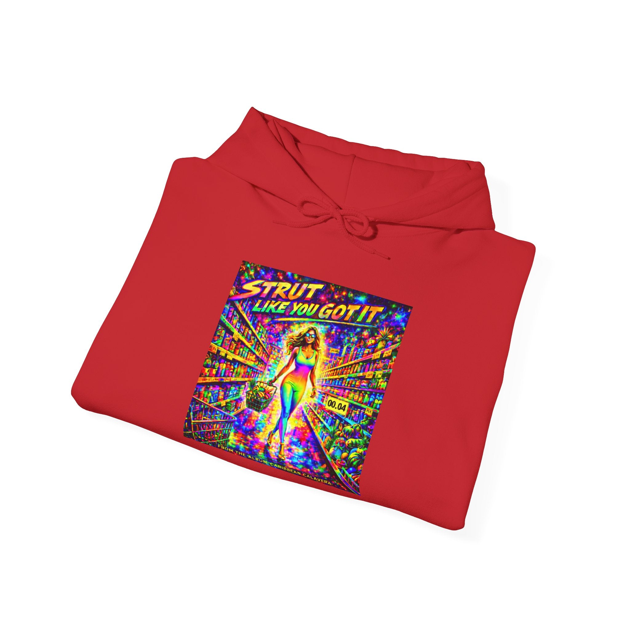Strut! Like You Got It Retro Disco Hoodie Song Cover Art From The Caribbean Calavera Album — Colorful Rainbow Graphic
