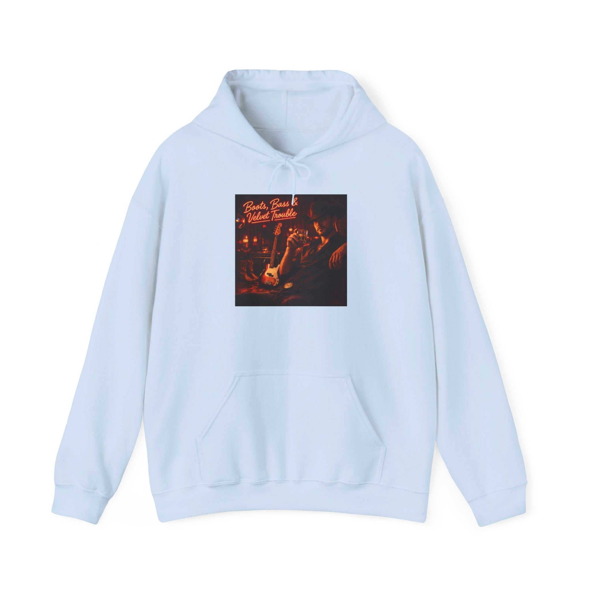 Boots Bass & Velvet Trouble Vintage Whiskey & Guitars Graphic Hoodie Cozy Bar Night Hoodie –
