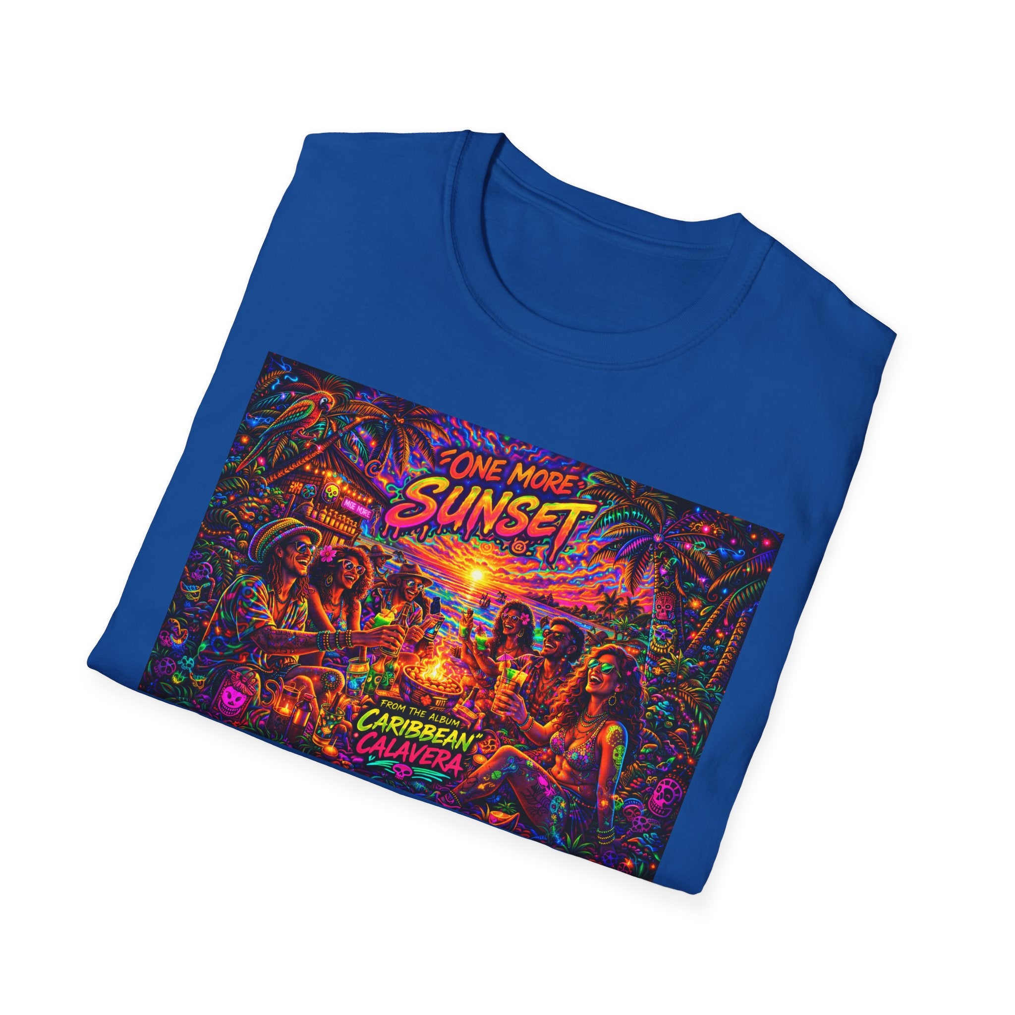 One More Sunset Bonfire Graphic T-Shirt  Song Cover Art From The Caribbean Calavera Album   — "Sunset" Neon Beach Party Tee