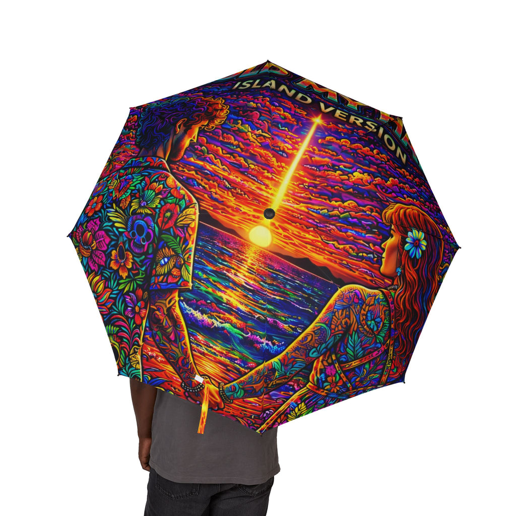 Hold My Hand Island Version Song Cover Artwork Psychedelic Sunset Foldable Umbrella — Colorful Boho Rain Protection