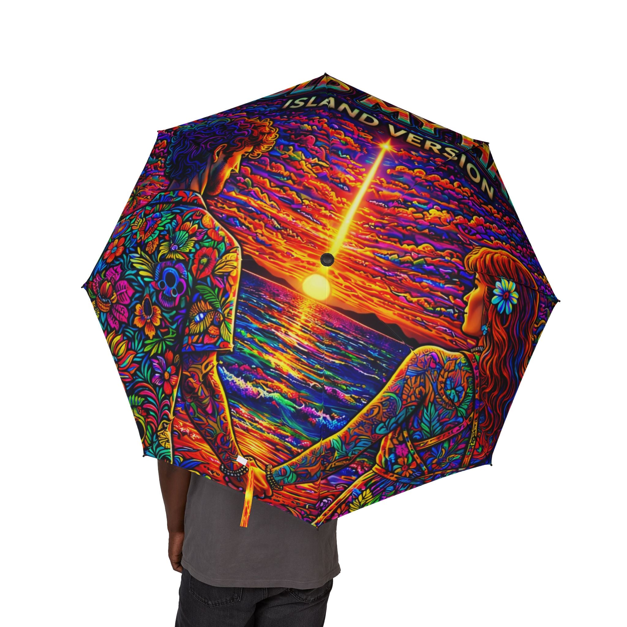 Hold My Hand Island Version Song Cover Artwork Psychedelic Sunset Foldable Umbrella — Colorful Boho Rain Protection