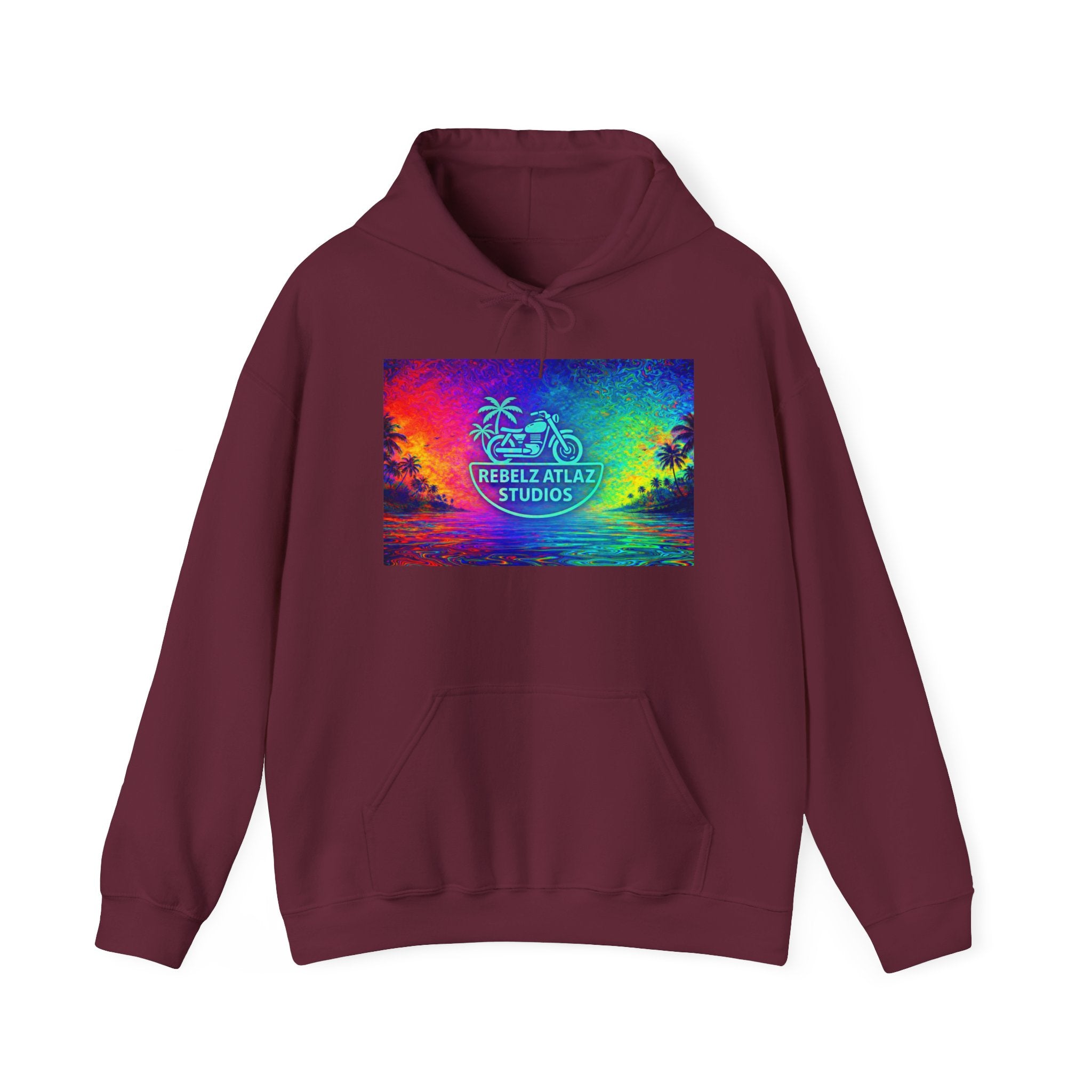 Rebelz Atlaz Studios Tropical Sunset Hoodie — Vibrant Rainbow Beach Graphic
