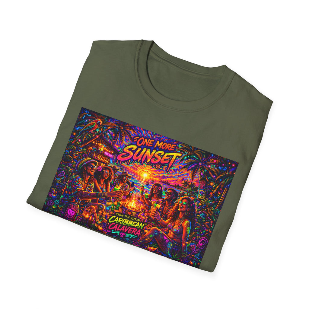 One More Sunset Bonfire Graphic T-Shirt  Song Cover Art From The Caribbean Calavera Album   — "Sunset" Neon Beach Party Tee