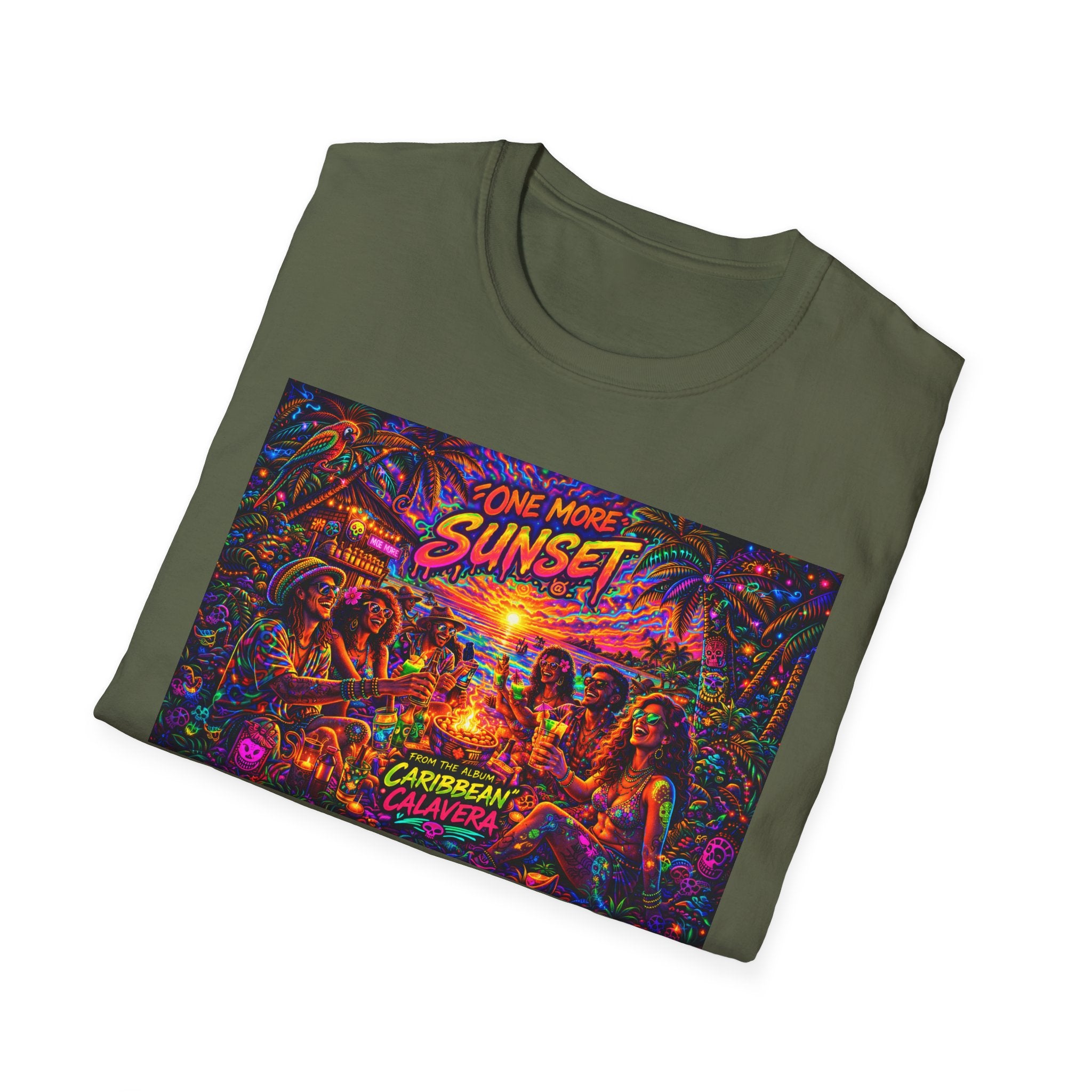 One More Sunset Bonfire Graphic T-Shirt  Song Cover Art From The Caribbean Calavera Album   — "Sunset" Neon Beach Party Tee
