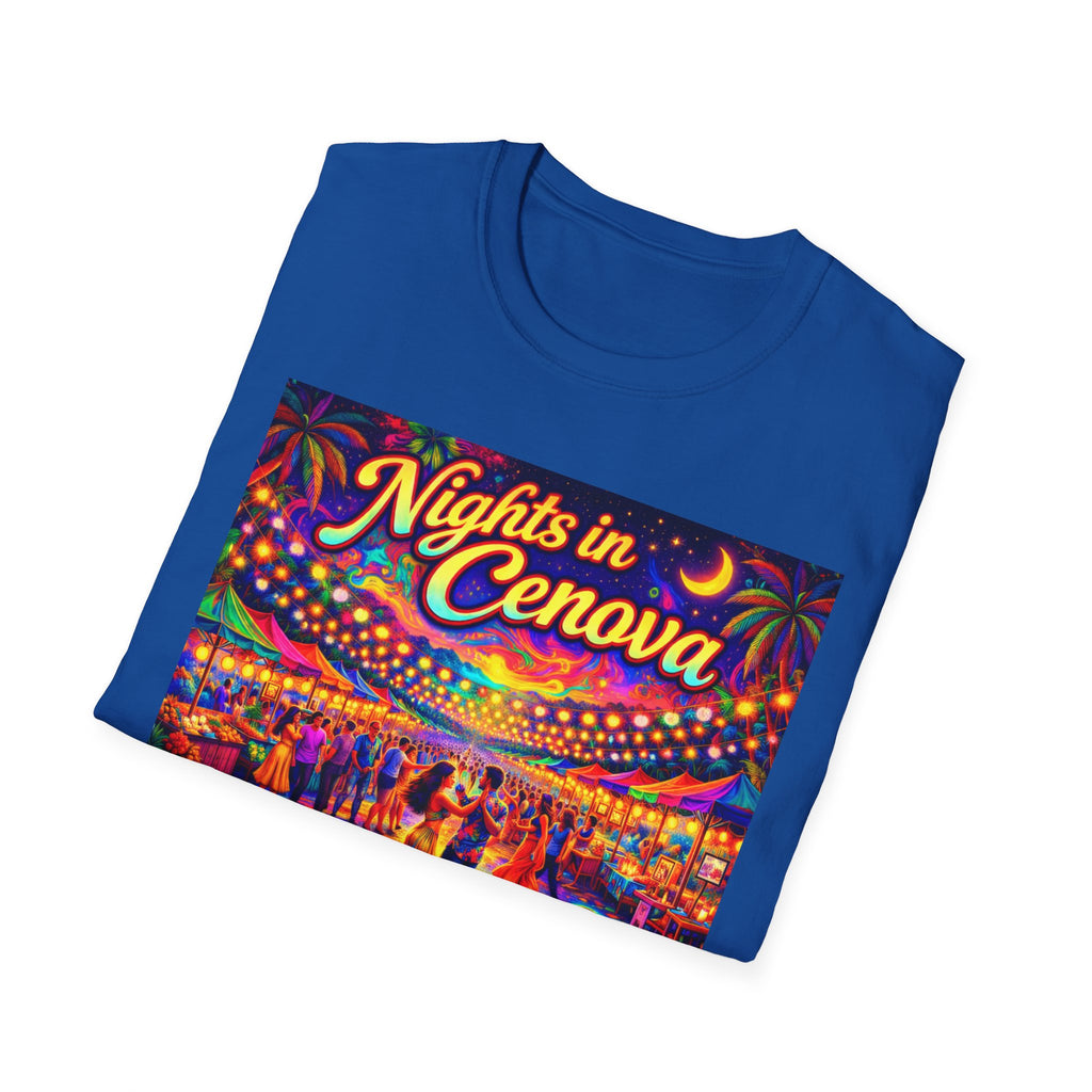 Nights in Cenova Graphic T-Shirt Song Cover Art From The Caribbean Calavera Album — Colorful Festival Street Scene
