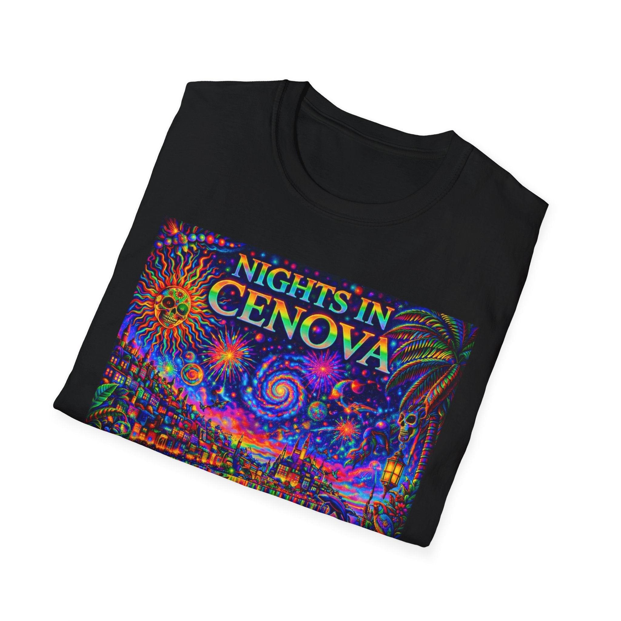 Nights in Cenovia T-Shirt  Song Cover Art From The Caribbean Calavera Album   — Colorful Fireworks Cityscape Tee
