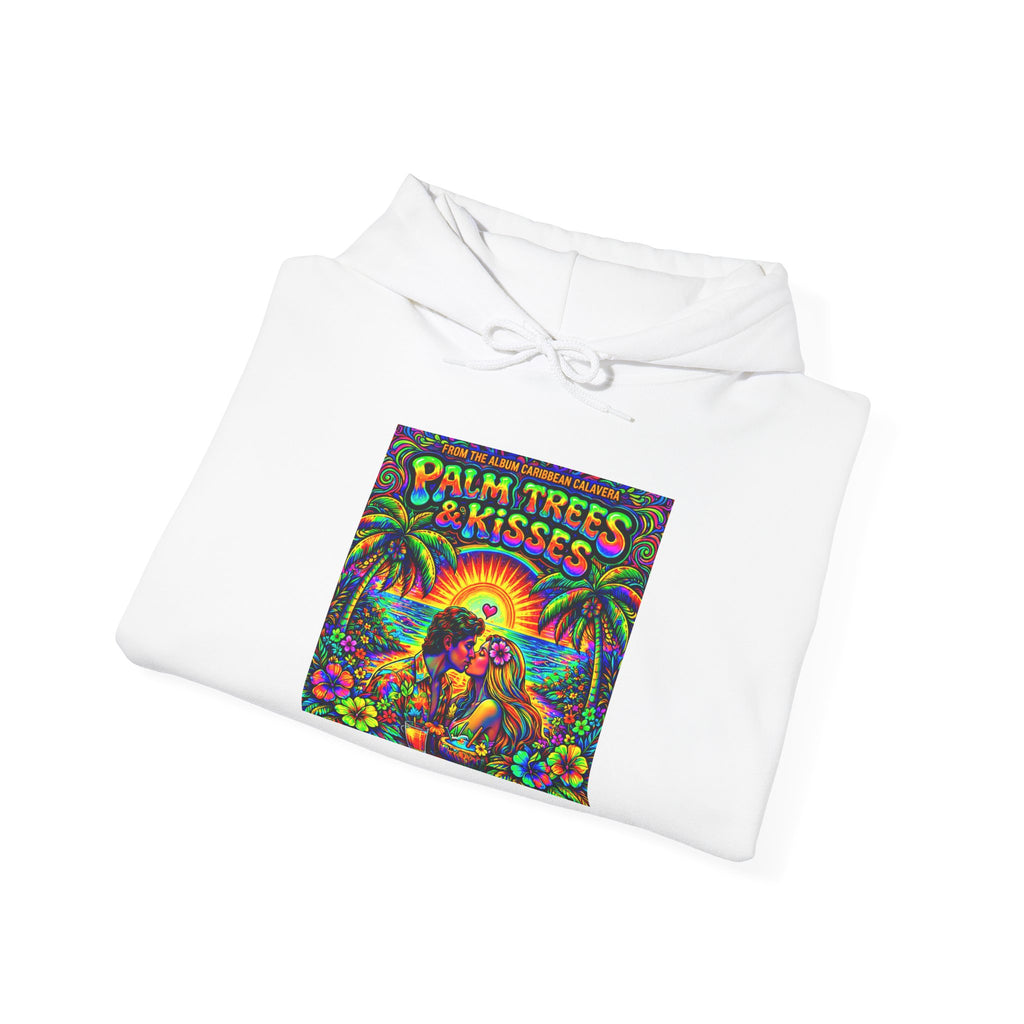 Palm Trees & Kisses Hoodie Song Cover Art From The Caribbean Calavera Album  — Retro Tropical Sunset Graphic Hooded Sweatshirt