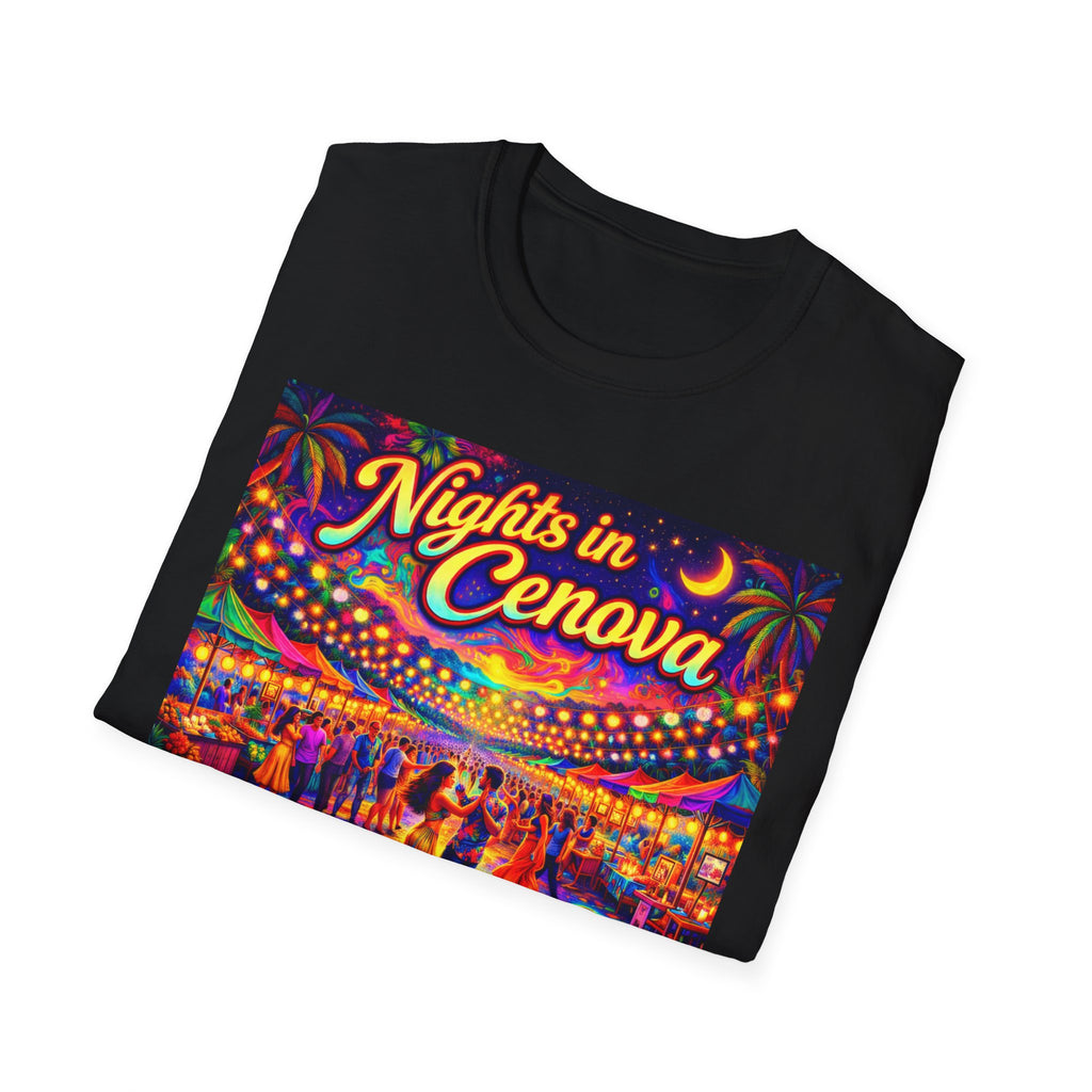 Nights in Cenova Graphic T-Shirt Song Cover Art From The Caribbean Calavera Album — Colorful Festival Street Scene