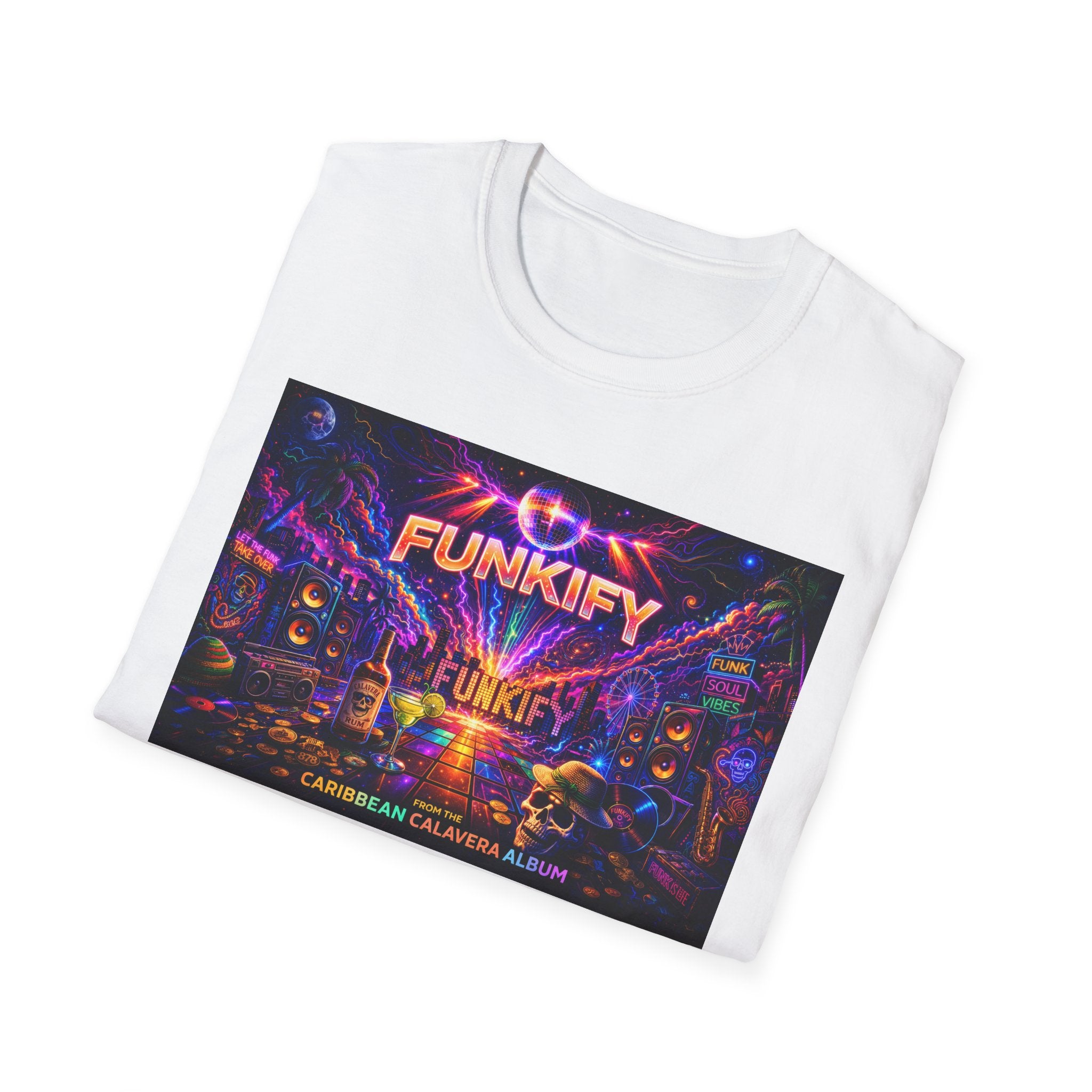 Funkify   Song Cover Art From The Caribbean Calavera Album  Neon City T-Shirt – Retro Synthwave Music Tee