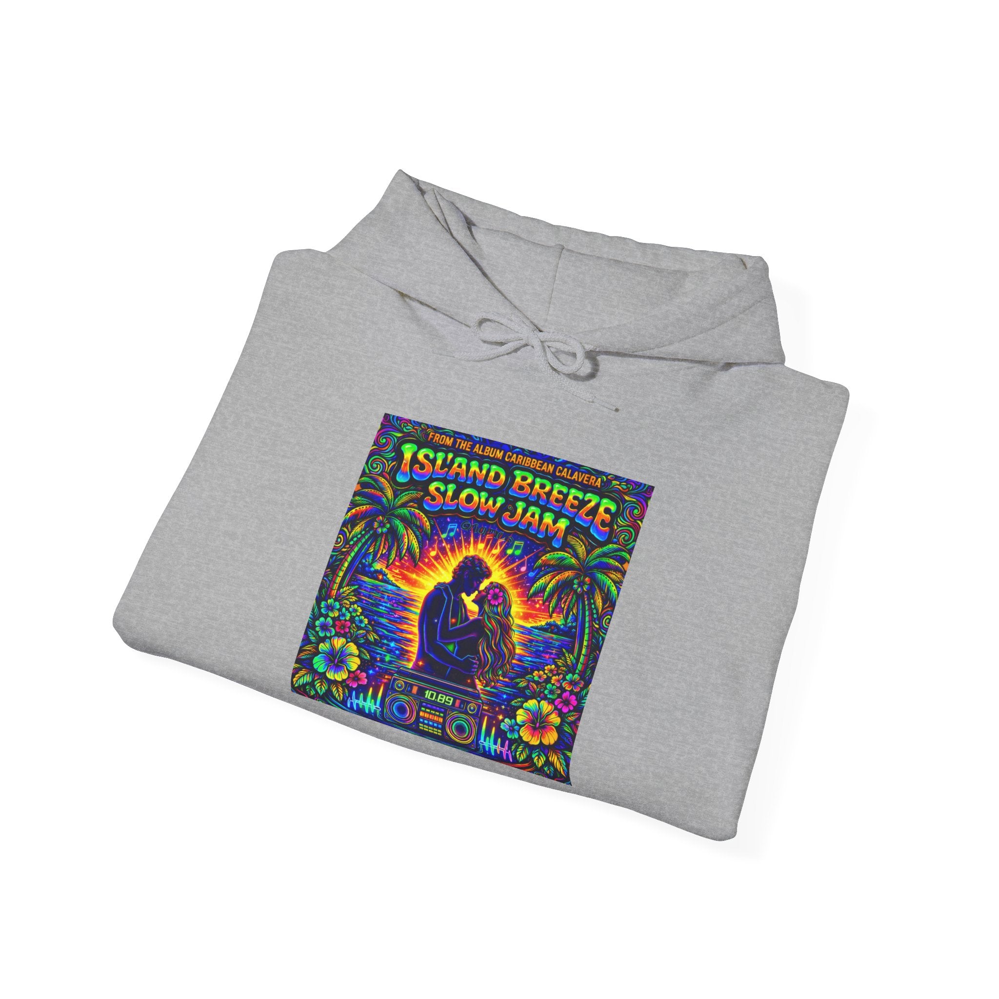 Island Breeze Slow Jam Hoodie  Song Cover Art From The Caribbean Calavera Album  — Retro Tropical Couple Graphic Hoodie