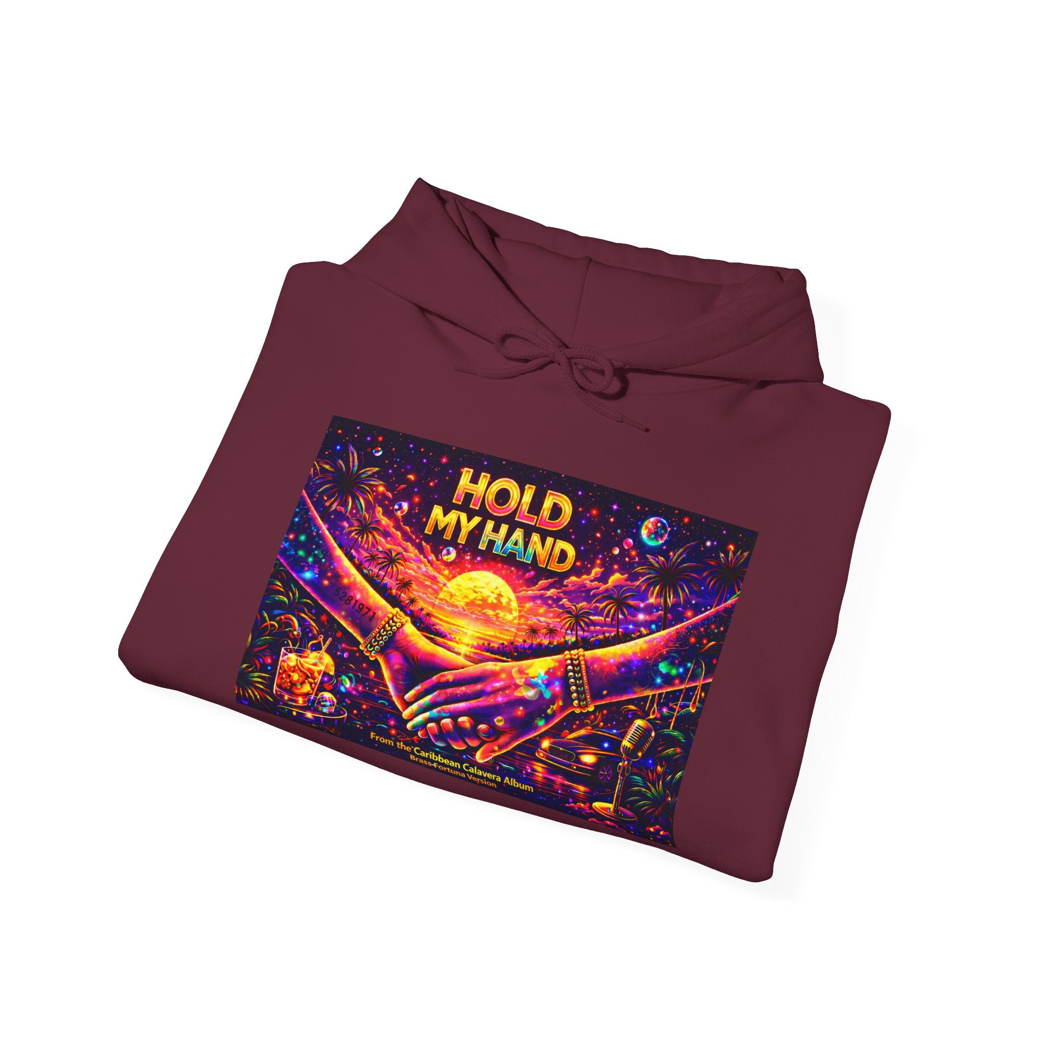 Hold My Hand Cosmic Hoodie Song Cover Art From The Caribbean Calavera Album  — Vibrant Sunset Hands Graphic Sweatshirt