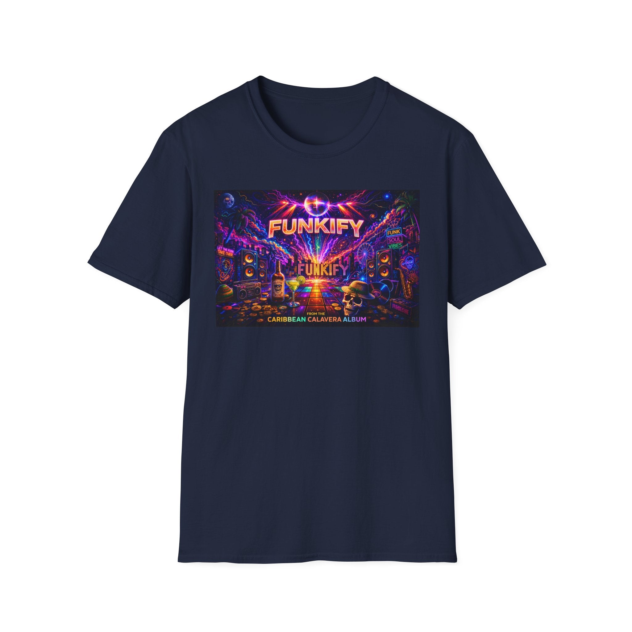 Funkify   Song Cover Art From The Caribbean Calavera Album  Neon City T-Shirt – Retro Synthwave Music Tee