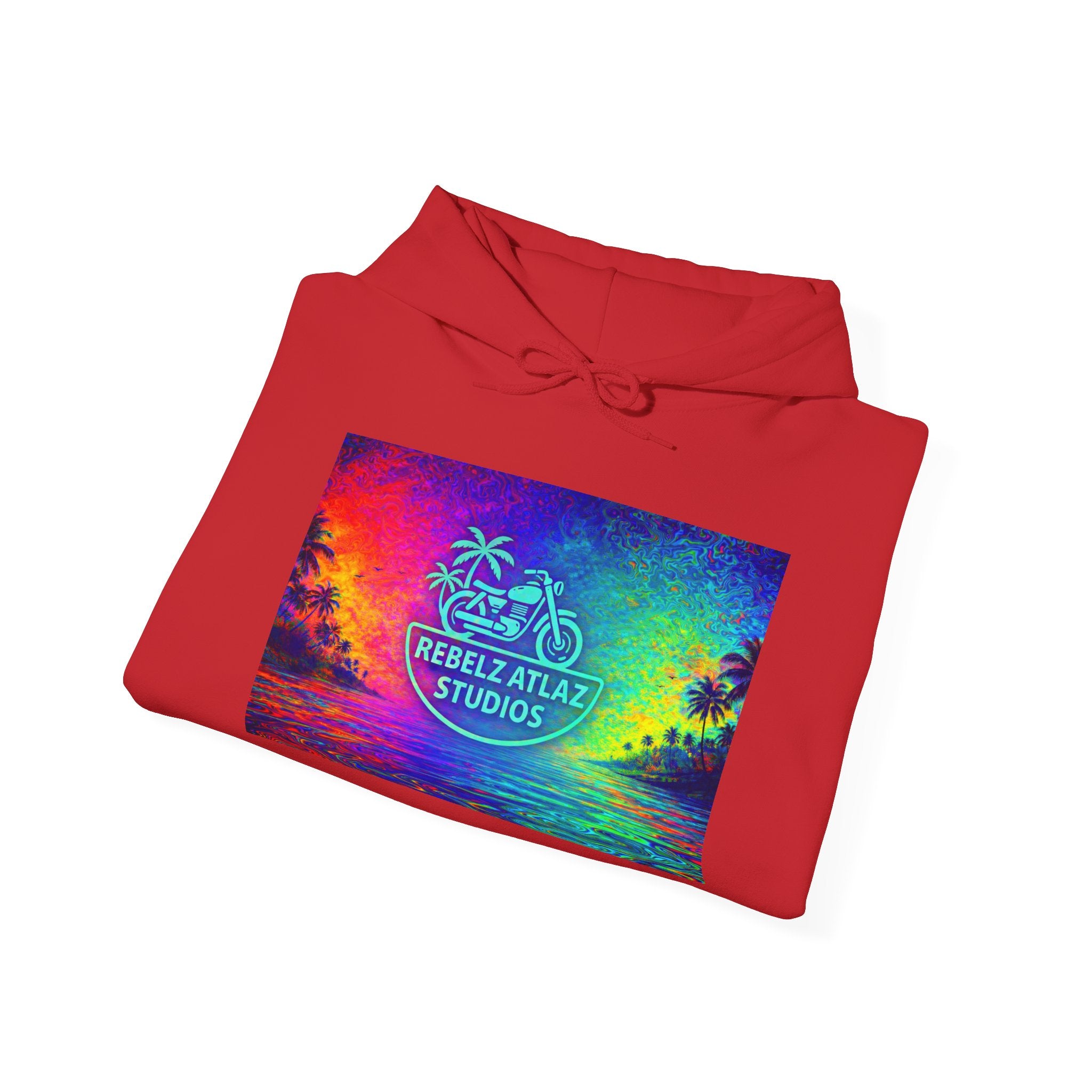 Rebelz Atlaz Studios Tropical Sunset Hoodie — Vibrant Rainbow Beach Graphic