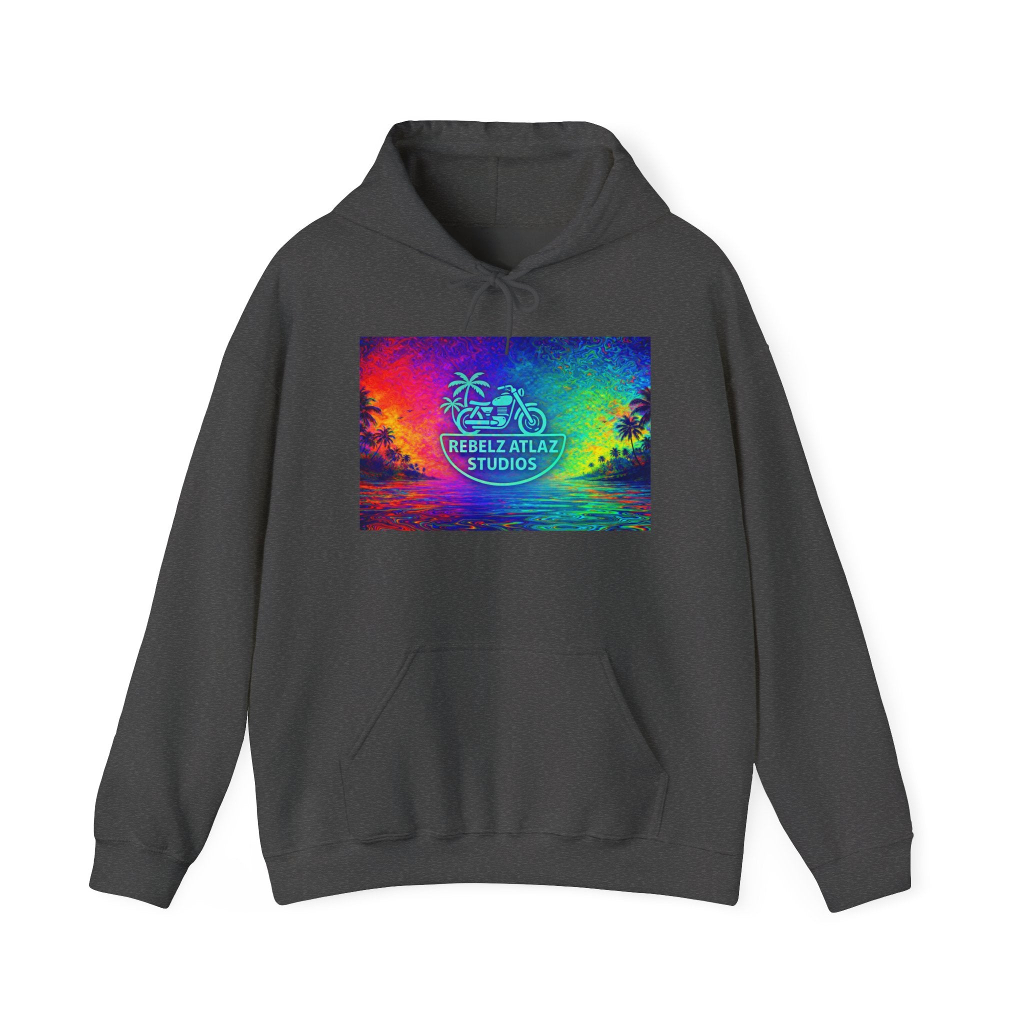 Rebelz Atlaz Studios Tropical Sunset Hoodie — Vibrant Rainbow Beach Graphic