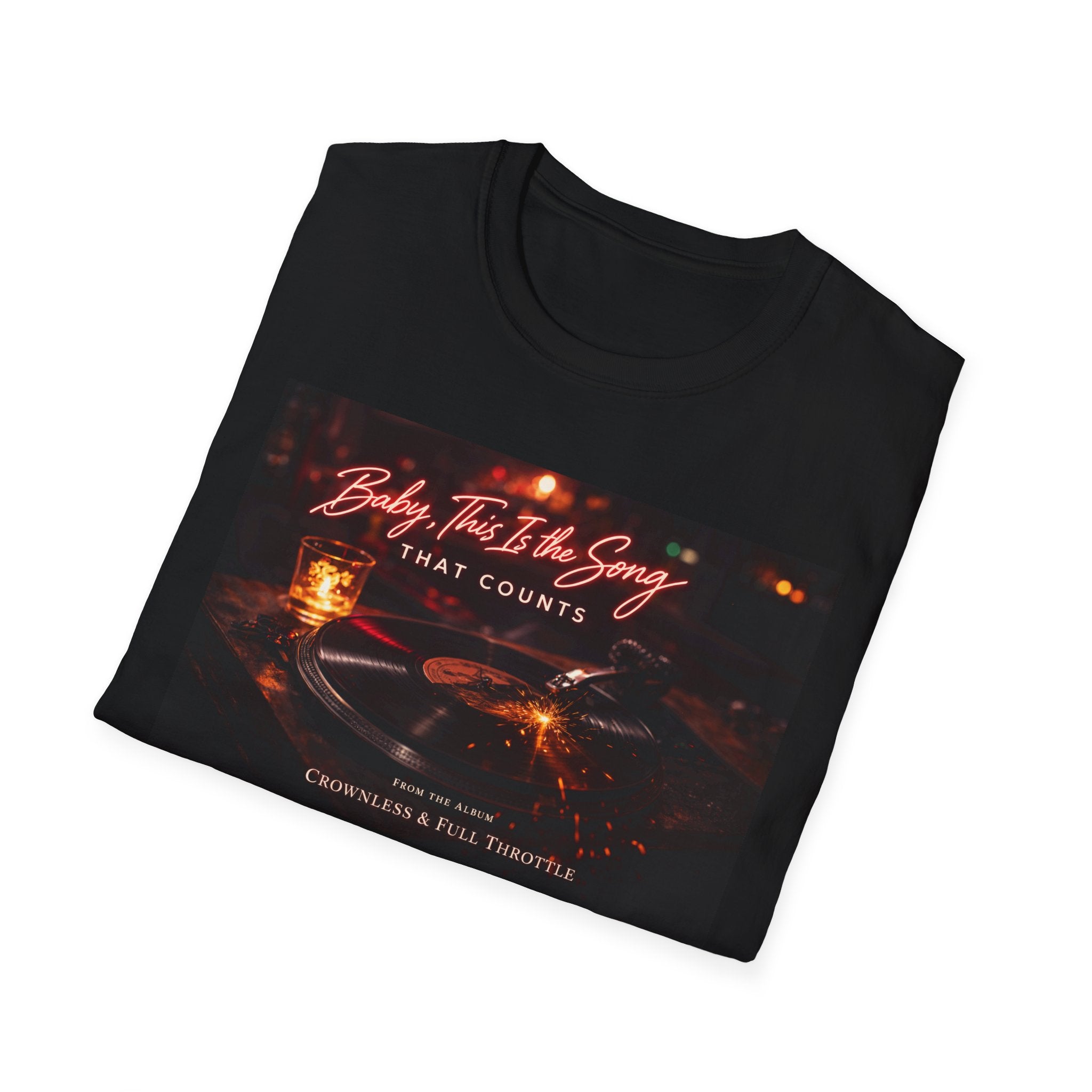 T‑Shirt — 'Baby, It's The Song That Counts'  Crownless and Full Throttle Album Cover Artwork Retro Candlelit Music Graphic Tee