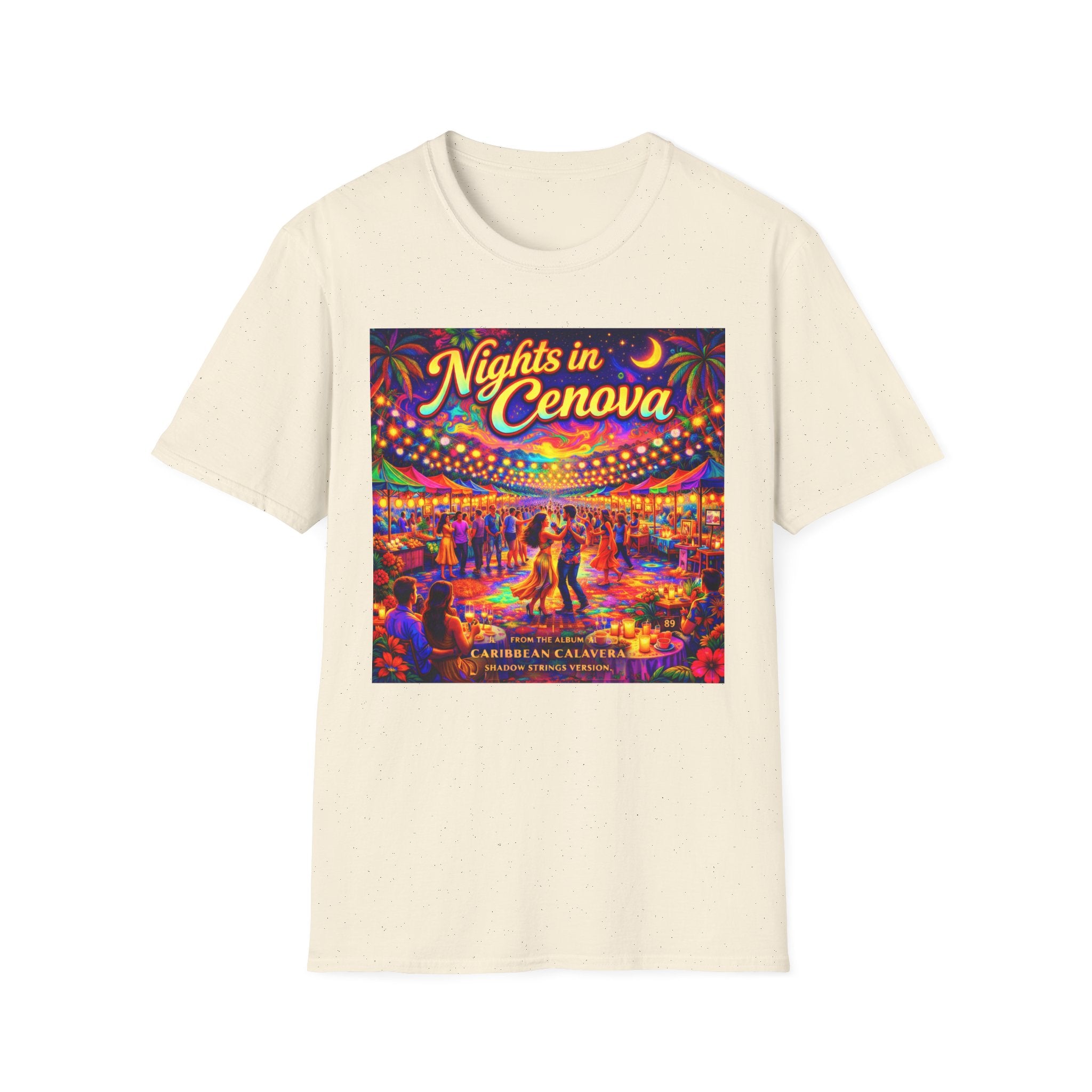 Nights in Cenova Graphic T-Shirt Song Cover Art From The Caribbean Calavera Album — Colorful Festival Street Scene