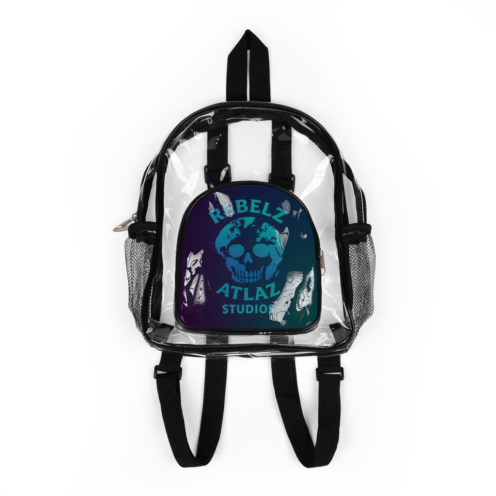 Rebelz Atlaz Studios Logo Skull World Clear Stadium Backpack — Transparent School & Event Bag with Rebel Skull Insert