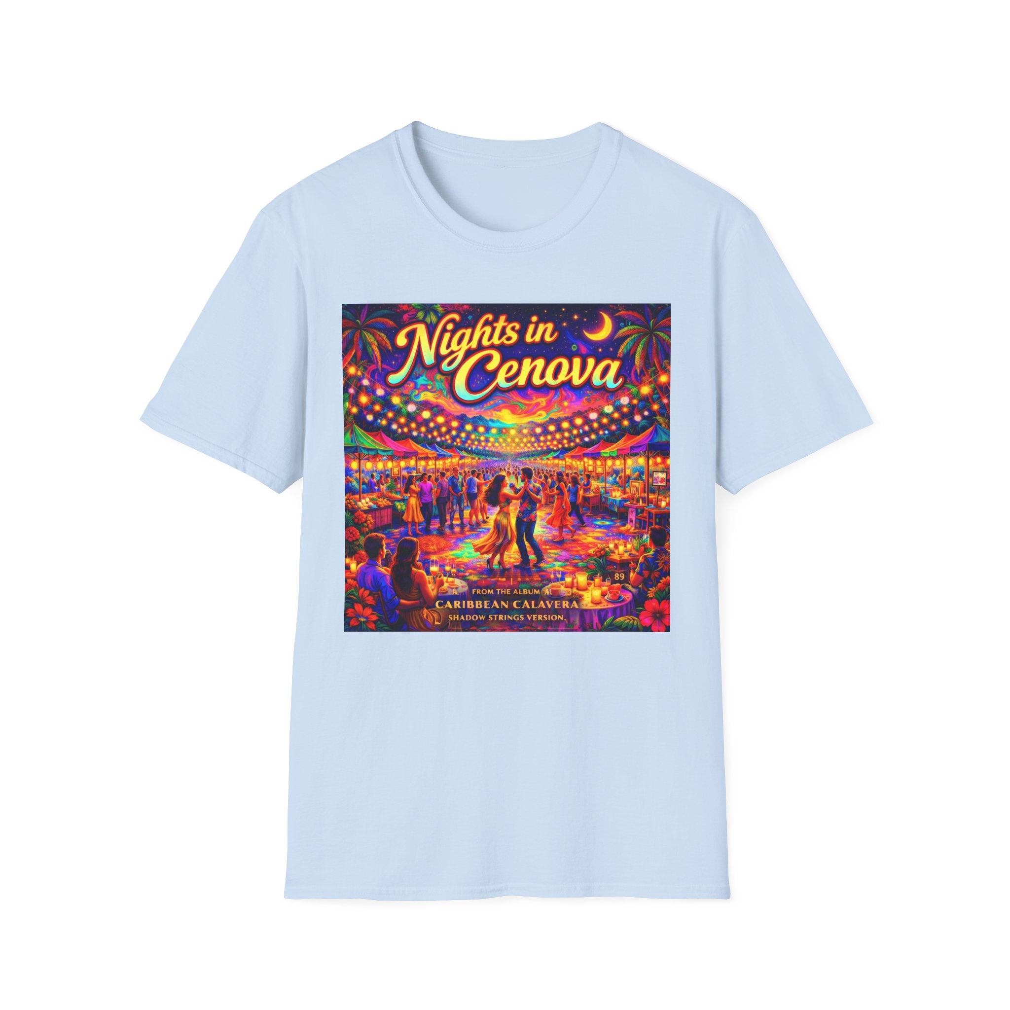 Nights in Cenova Graphic T-Shirt Song Cover Art From The Caribbean Calavera Album — Colorful Festival Street Scene