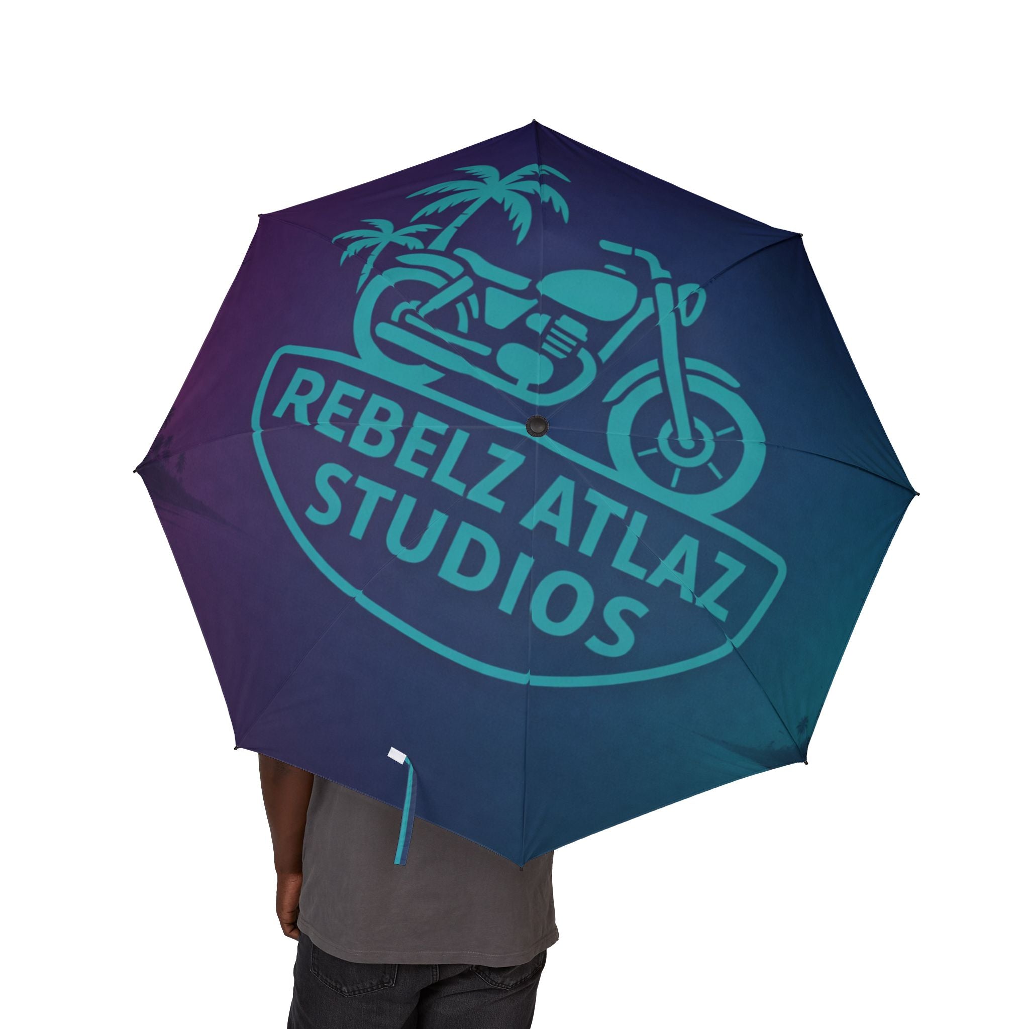 Foldable Umbrella — Gradient Blue Motorcycle 'Rebel Atlaz Studios' Design