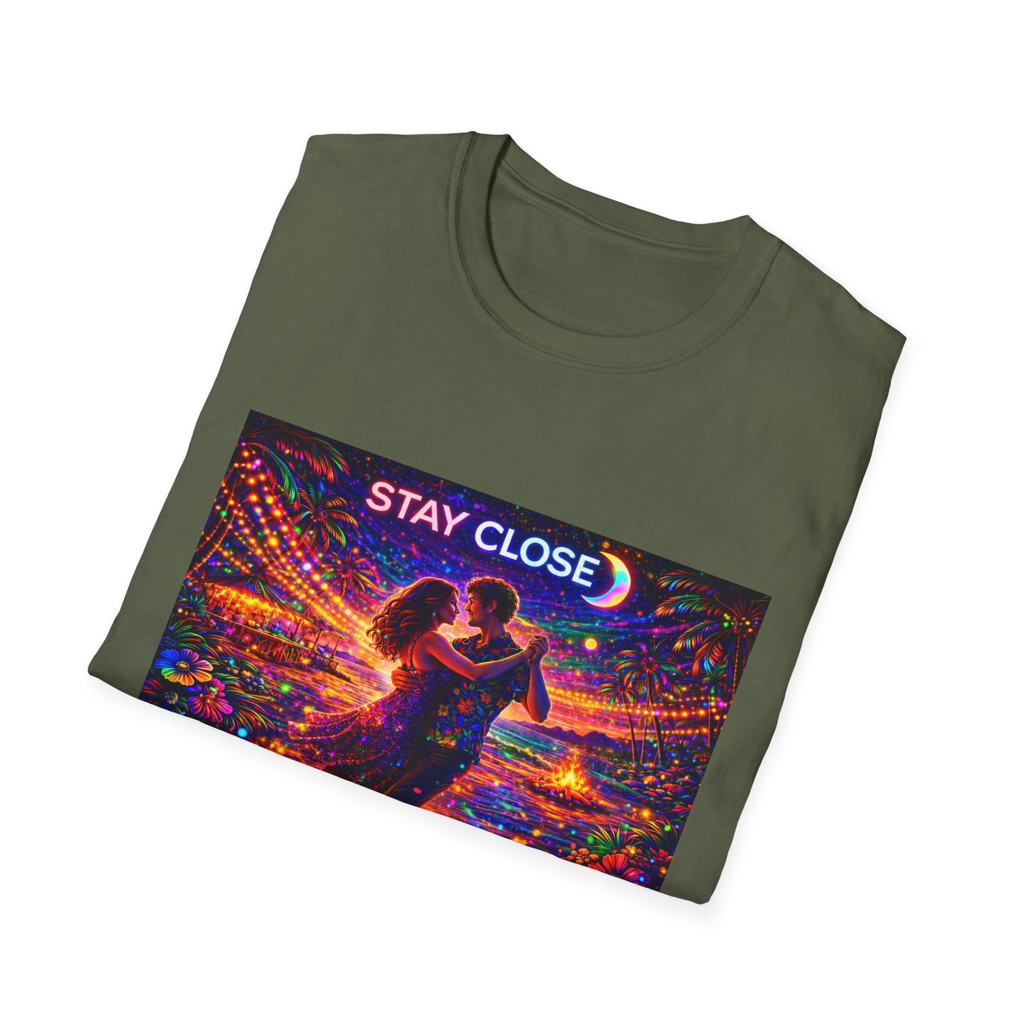 Stay Close Romantic Graphic T‑Shirt  Song Cover Art From The Caribbean Calavera Album  — Neon Couple Illustration