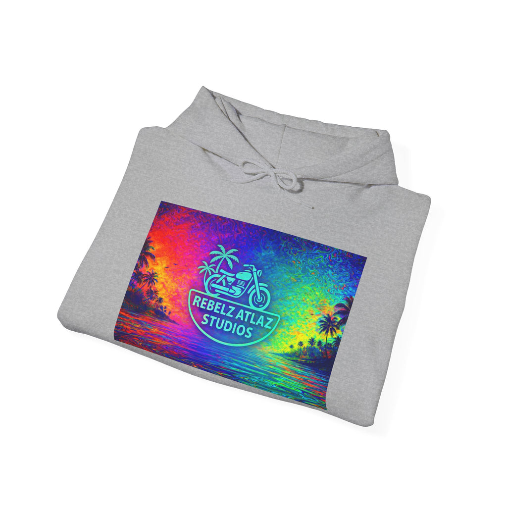 Rebelz Atlaz Studios Tropical Sunset Hoodie — Vibrant Rainbow Beach Graphic
