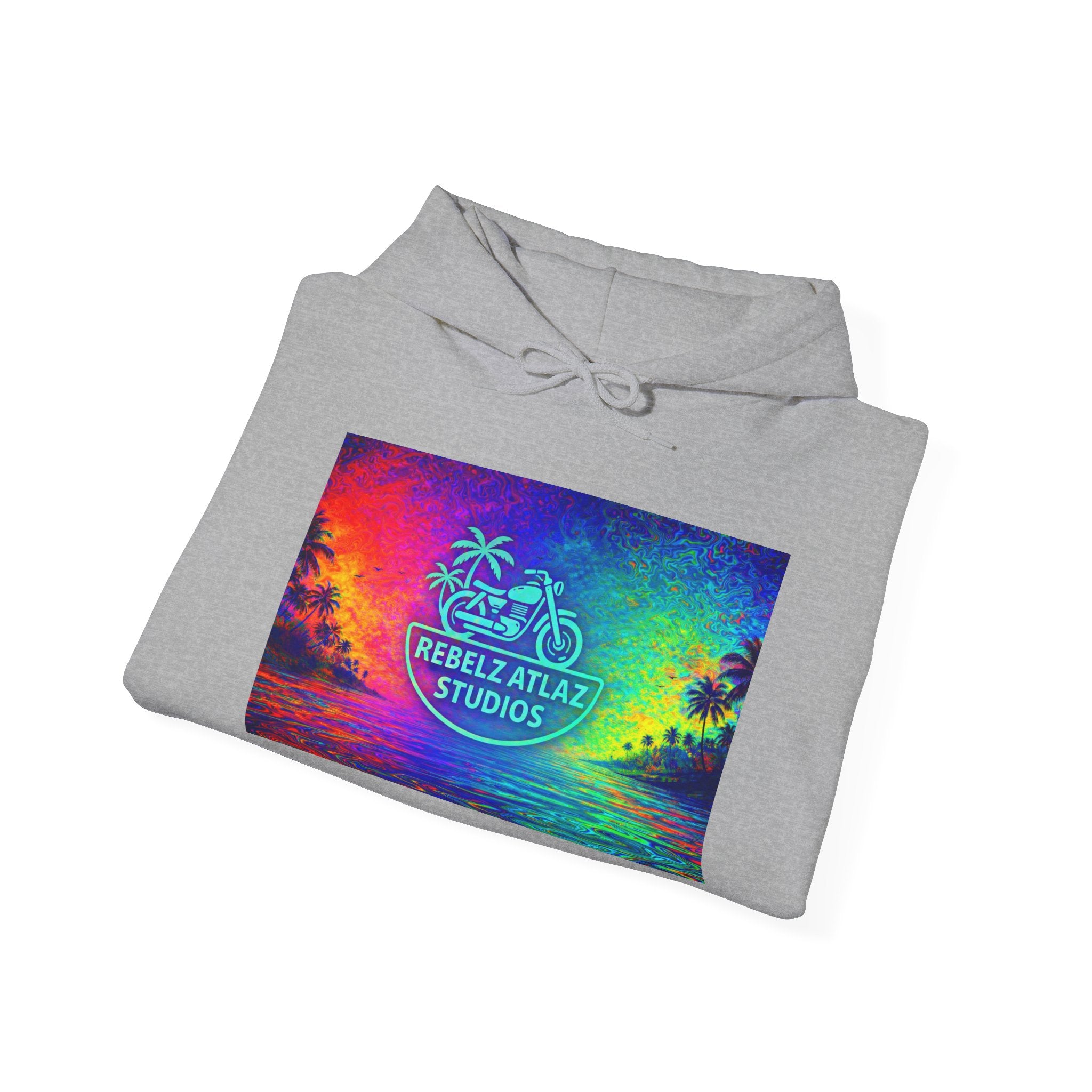 Rebelz Atlaz Studios Tropical Sunset Hoodie — Vibrant Rainbow Beach Graphic