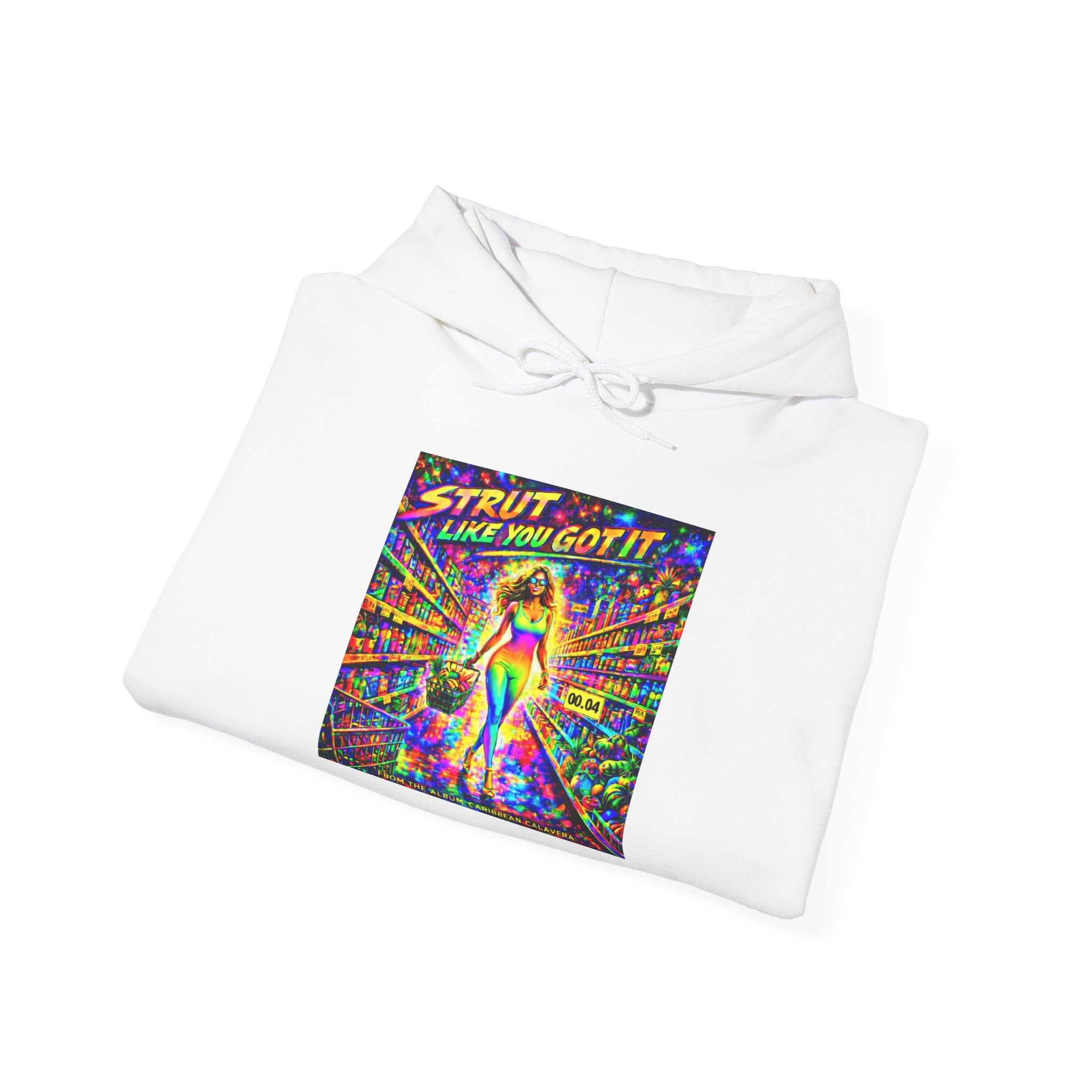 Strut! Like You Got It Retro Disco Hoodie Song Cover Art From The Caribbean Calavera Album — Colorful Rainbow Graphic