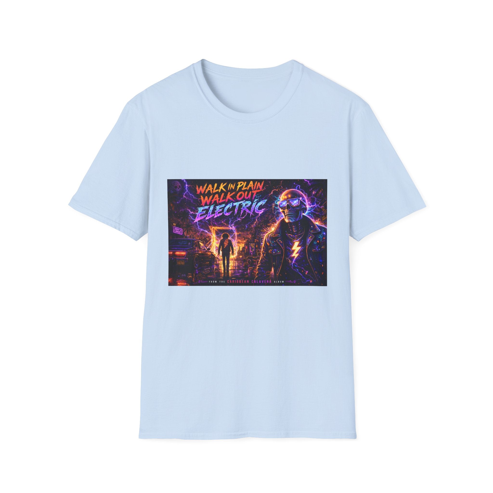 Walk Out Electric  Song Cover Art From The Caribbean Calavera Album Hoodie Retro Tee — “Walk In Plain, Walk Out Electric” Vintage Cyberpunk T-Shirt