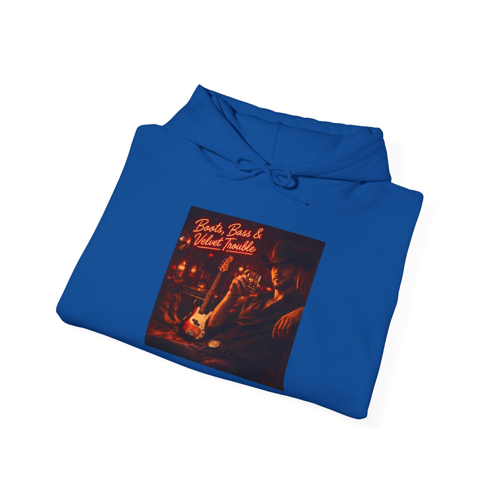 Boots Bass & Velvet Trouble Vintage Whiskey & Guitars Graphic Hoodie Cozy Bar Night Hoodie –