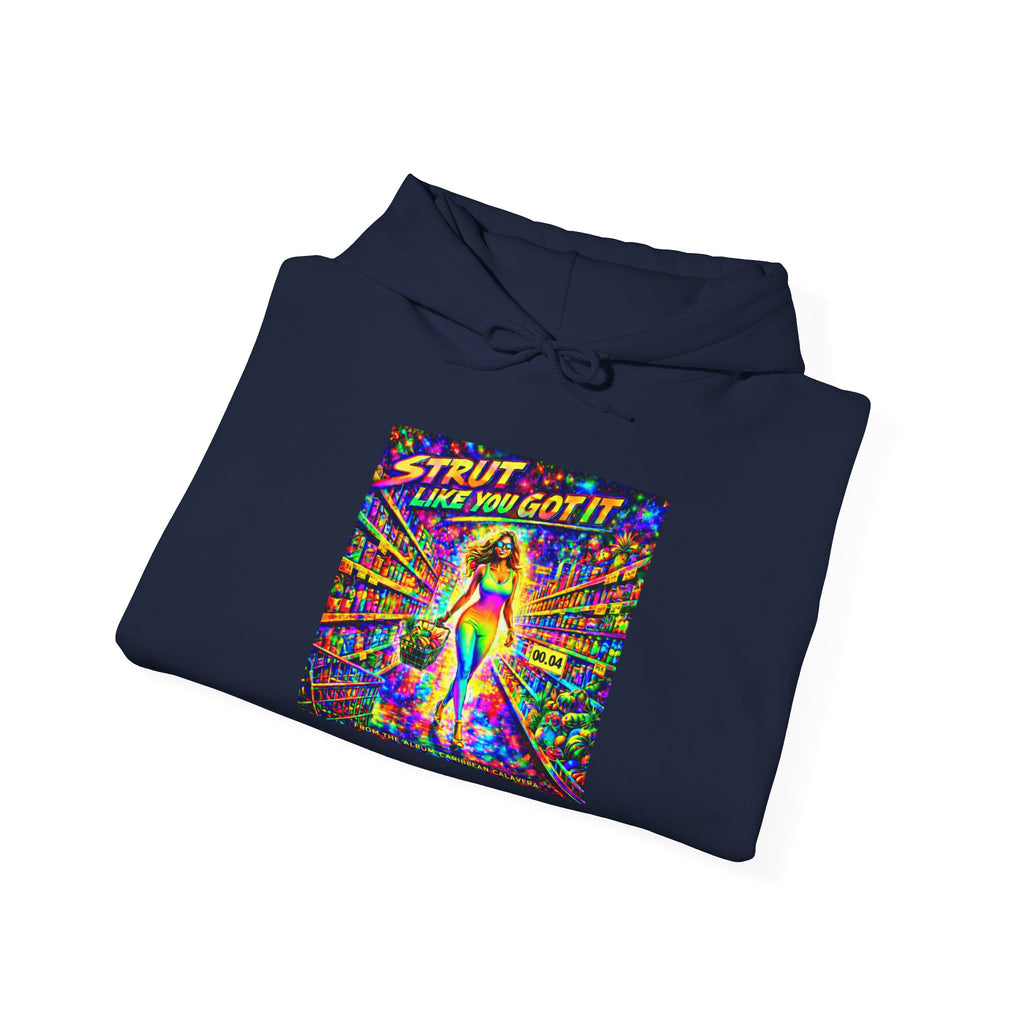 Strut! Like You Got It Retro Disco Hoodie Song Cover Art From The Caribbean Calavera Album — Colorful Rainbow Graphic