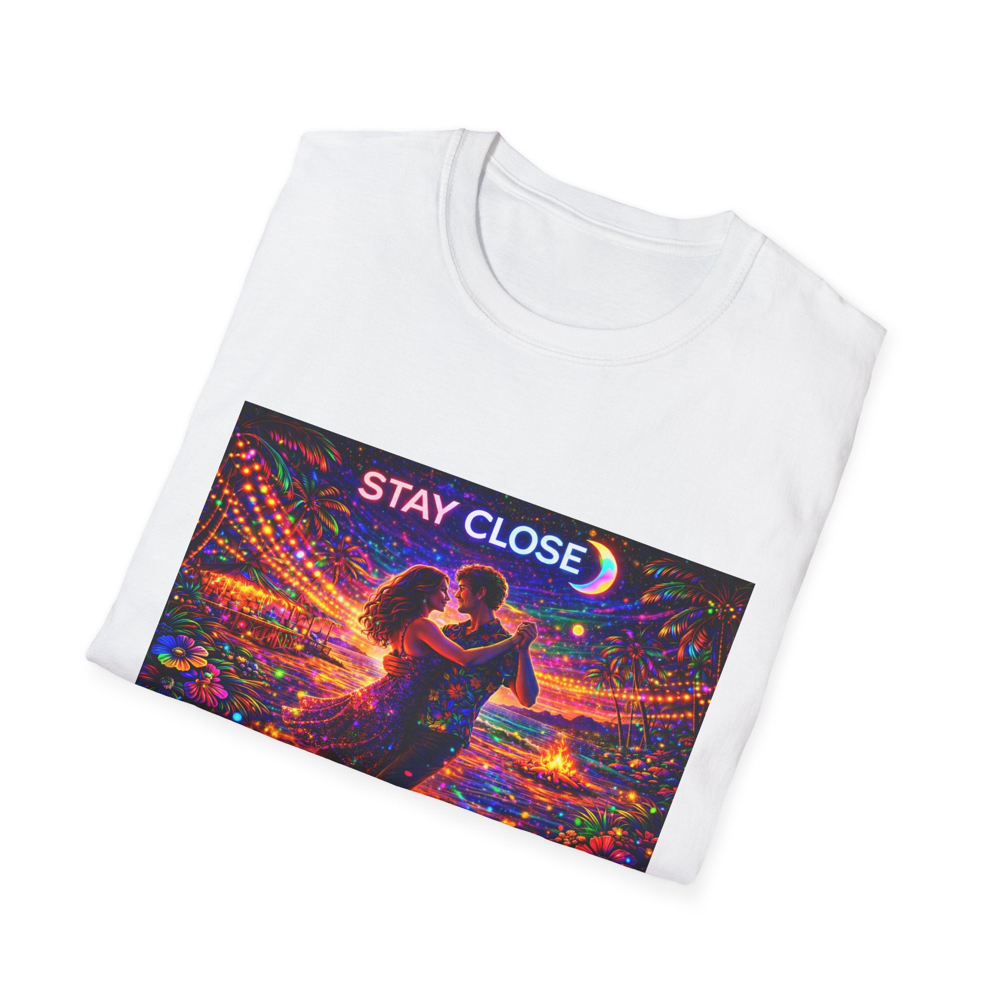 Stay Close Romantic Graphic T‑Shirt  Song Cover Art From The Caribbean Calavera Album  — Neon Couple Illustration