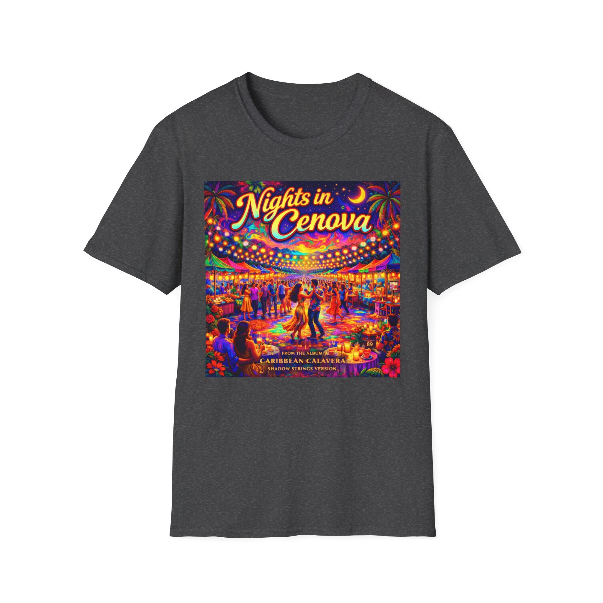 Nights in Cenova Graphic T-Shirt Song Cover Art From The Caribbean Calavera Album — Colorful Festival Street Scene