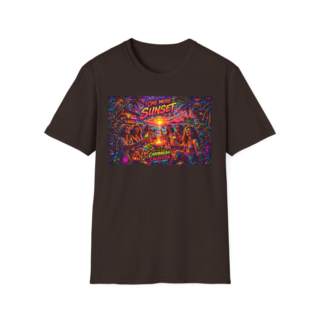 One More Sunset Bonfire Graphic T-Shirt  Song Cover Art From The Caribbean Calavera Album   — "Sunset" Neon Beach Party Tee