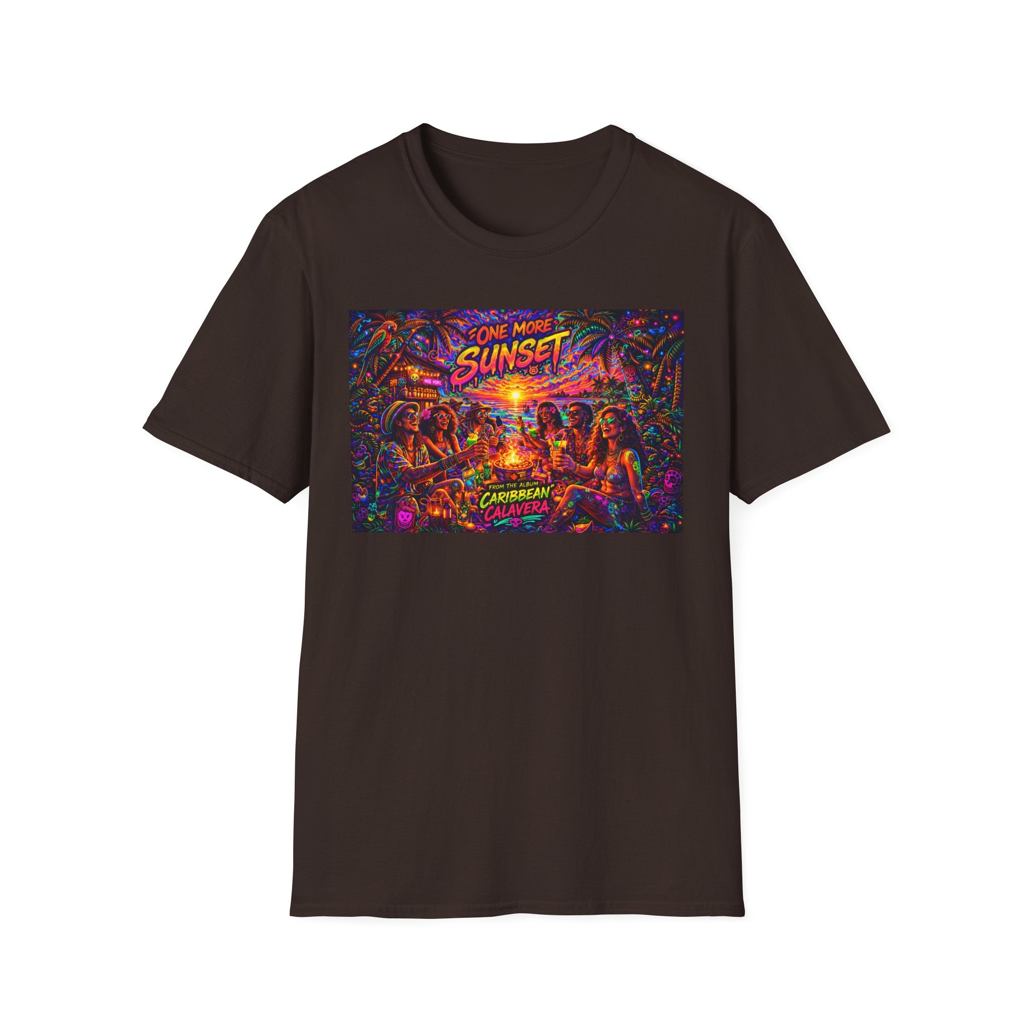 One More Sunset Bonfire Graphic T-Shirt  Song Cover Art From The Caribbean Calavera Album   — "Sunset" Neon Beach Party Tee