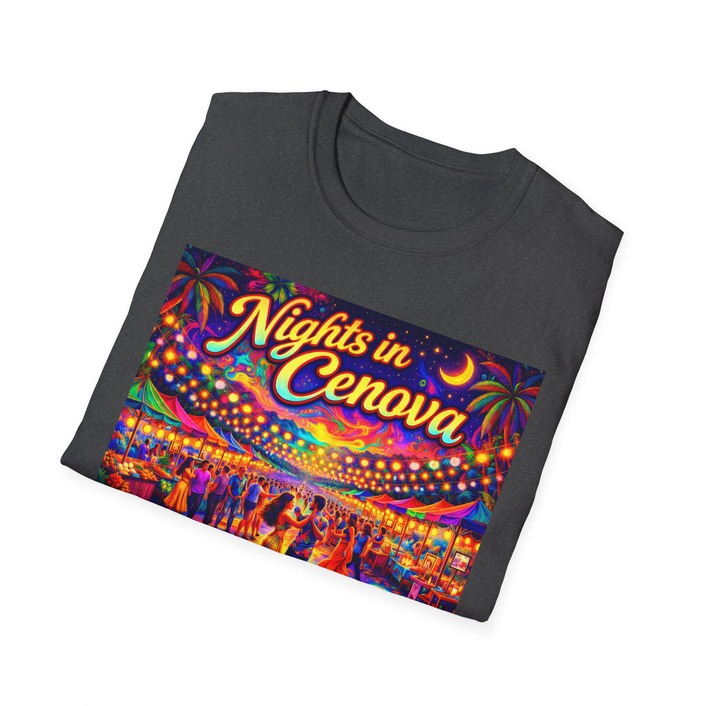 Nights in Cenova Graphic T-Shirt Song Cover Art From The Caribbean Calavera Album — Colorful Festival Street Scene