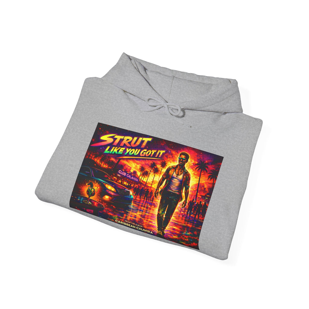 Retro 'Strut Like You Got It' Hoodie Song Cover Art From The Caribbean Calavera Album  — 80s Neon Vaporwave Streetwear
