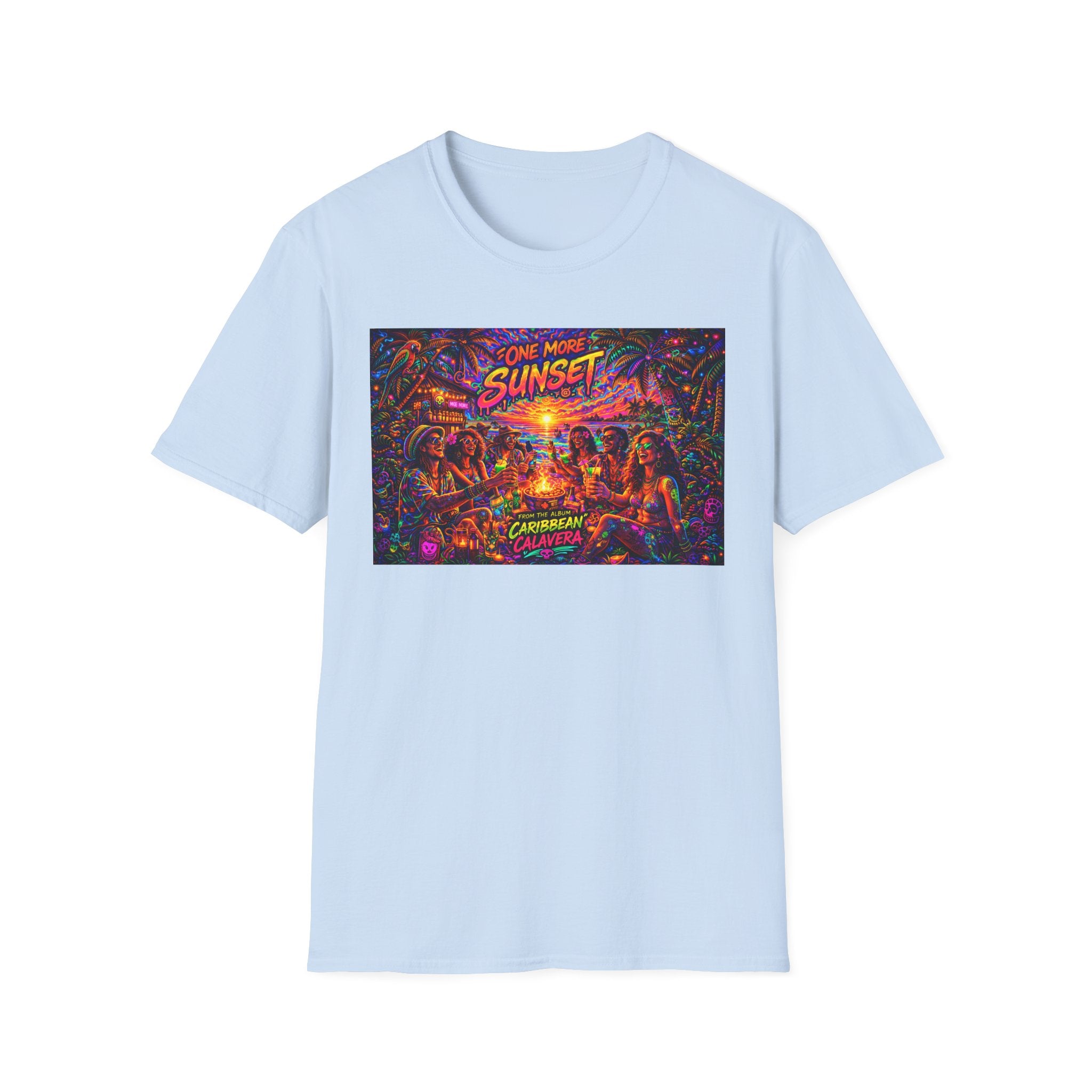 One More Sunset Bonfire Graphic T-Shirt  Song Cover Art From The Caribbean Calavera Album   — "Sunset" Neon Beach Party Tee