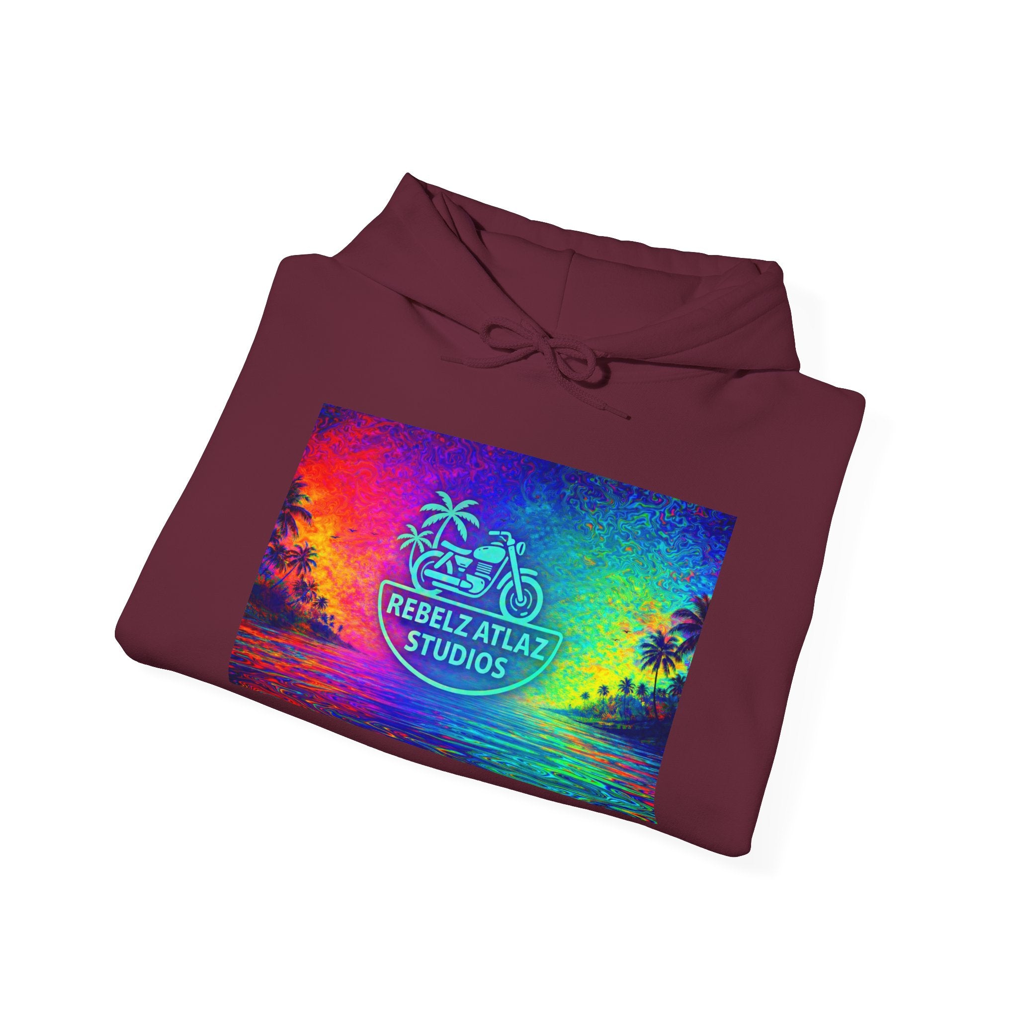 Rebelz Atlaz Studios Tropical Sunset Hoodie — Vibrant Rainbow Beach Graphic