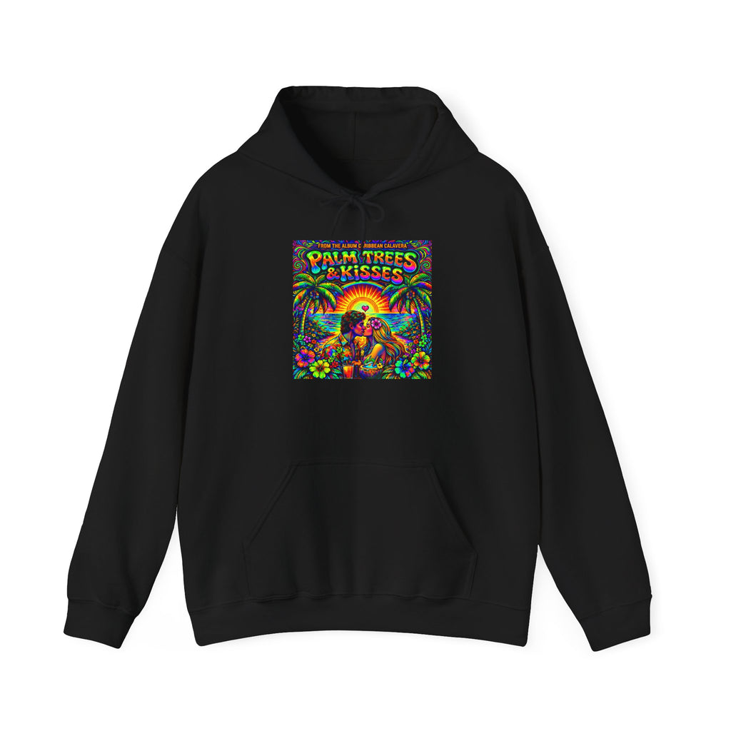 Palm Trees & Kisses Hoodie Song Cover Art From The Caribbean Calavera Album  — Retro Tropical Sunset Graphic Hooded Sweatshirt
