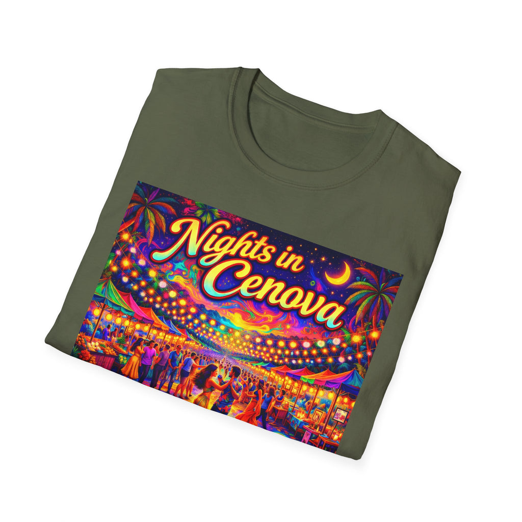 Nights in Cenova Graphic T-Shirt Song Cover Art From The Caribbean Calavera Album — Colorful Festival Street Scene