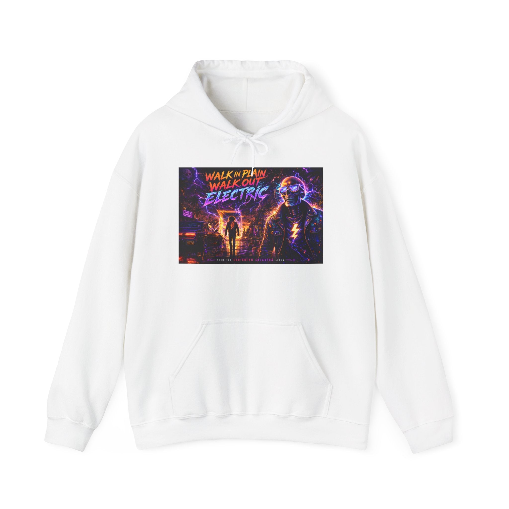 Hoodie — Neon 'Walk With Me, Walk Out Electric' Retro Cyberpunk Design