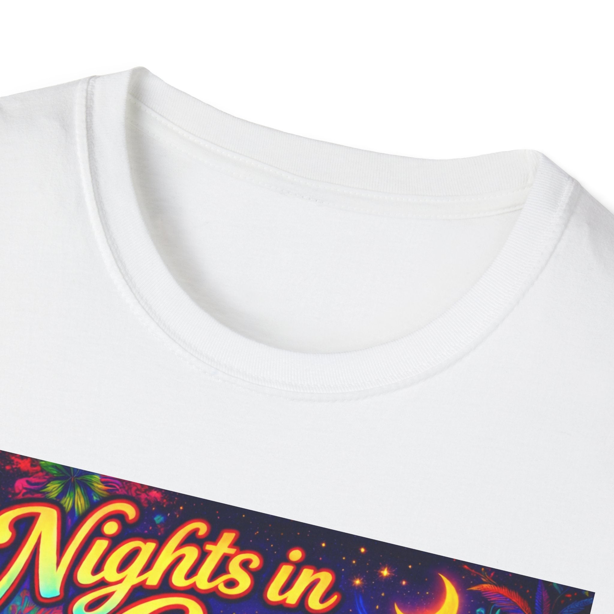 Nights in Cenova Graphic T-Shirt Song Cover Art From The Caribbean Calavera Album — Colorful Festival Street Scene